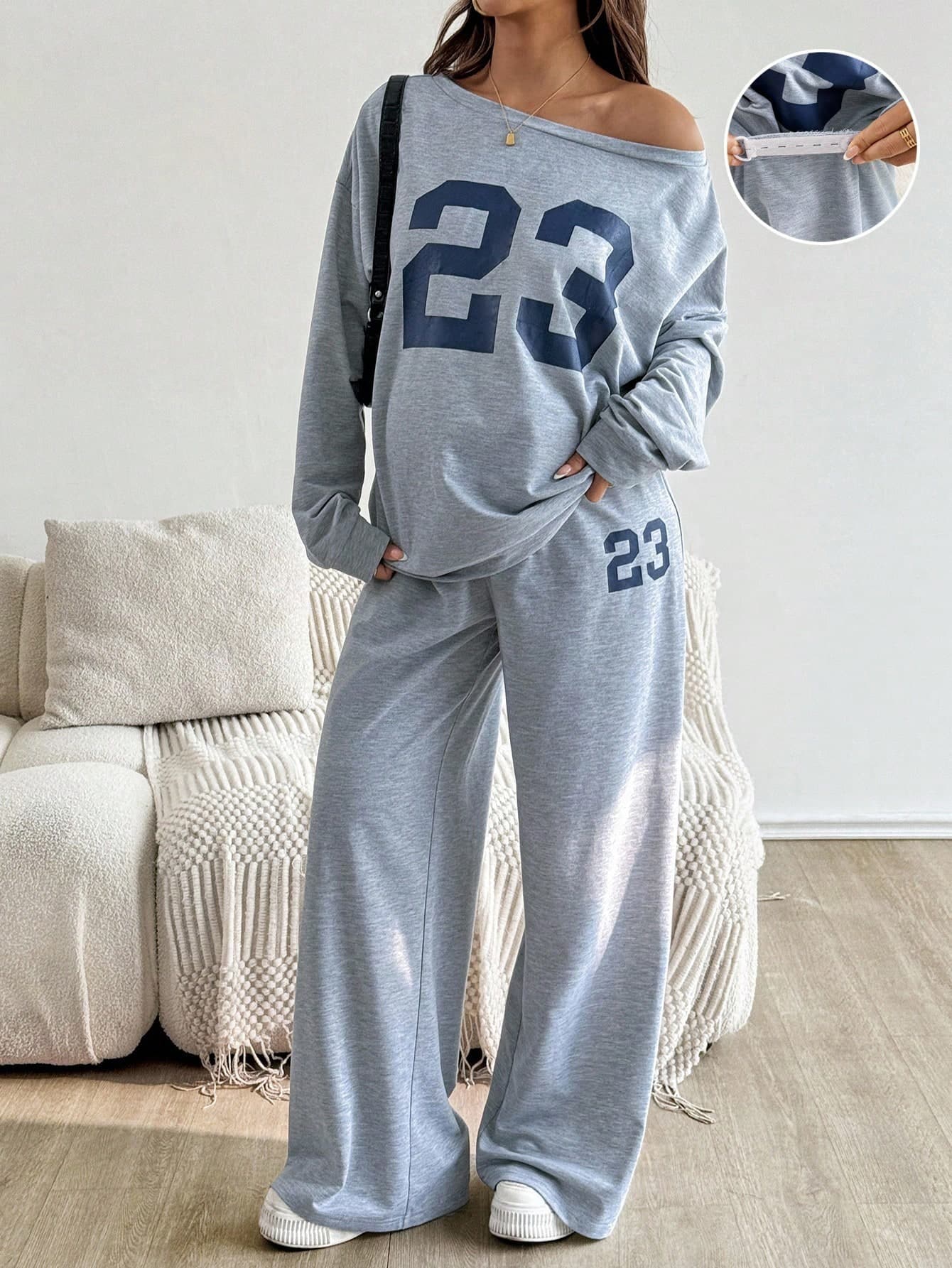 SHEIN 2pcs Set Maternity Casual Loose Number Print Top And Pants  Fall Women Clothes World Cup