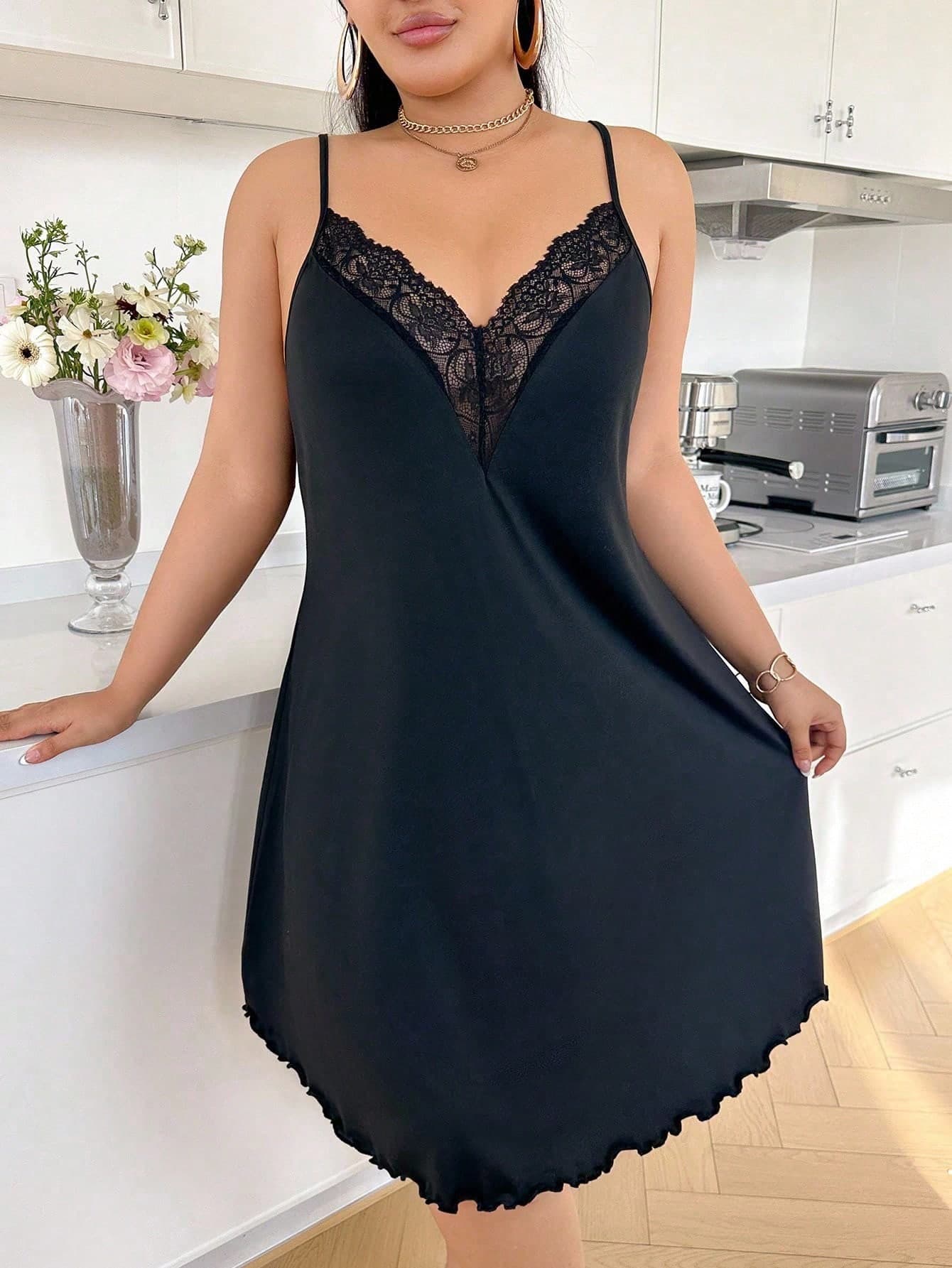SHEIN V-Neck Lace Patchwork Slip Dress, Women Casual Homewear Nightgown