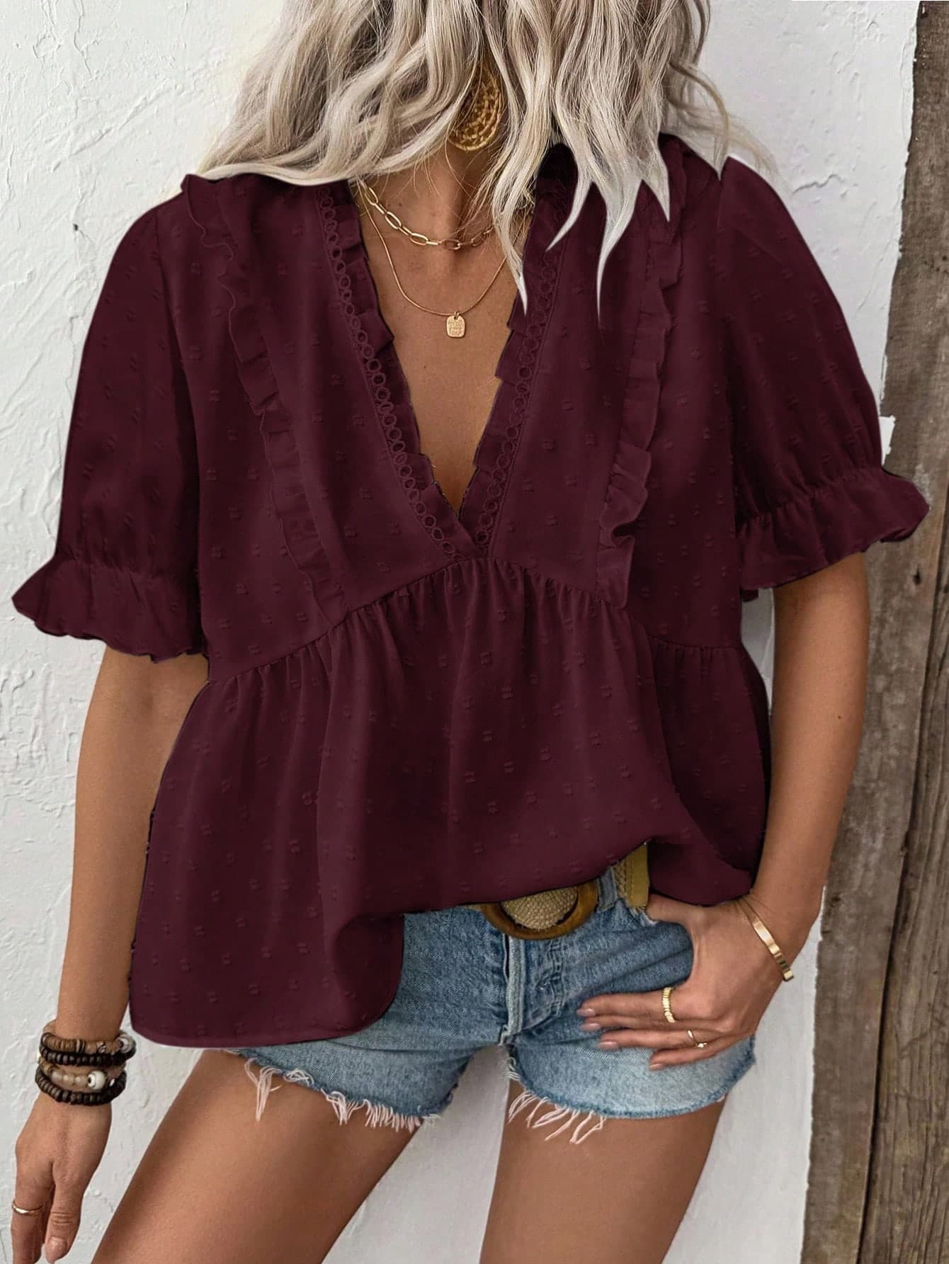 SHEIN Clasi Women's 3D Laser Cut V-Neck Puff Sleeve Blouse