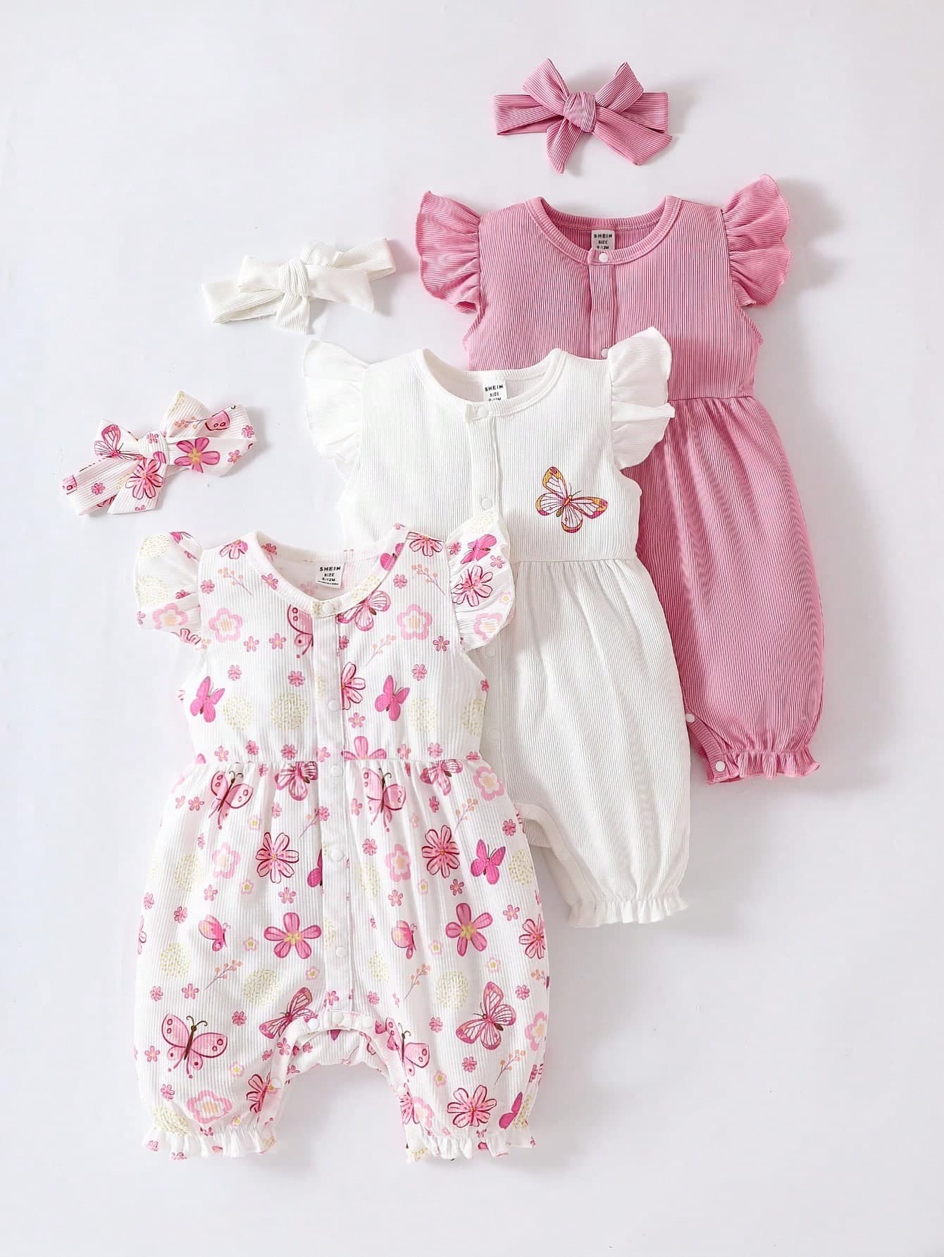 SHEIN Playful Pals 3pcs/Set Baby Girls Casual Cute Butterfly Print Cap Sleeve Romper And Elastic Waist Shorts, With Hair Band