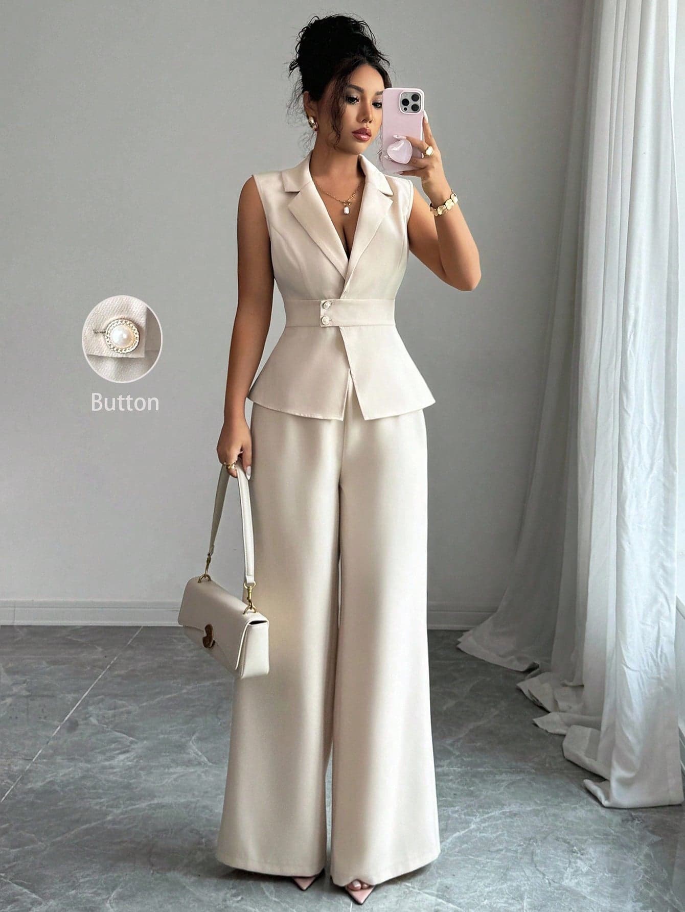 Elenzga 2pcs/Set Women White Elegant Summer Sleeveless Top With Collar Design&Waist Button,Wide-Leg Long Pants,Semi Formal Work Smart Casual Teacher Outfits
