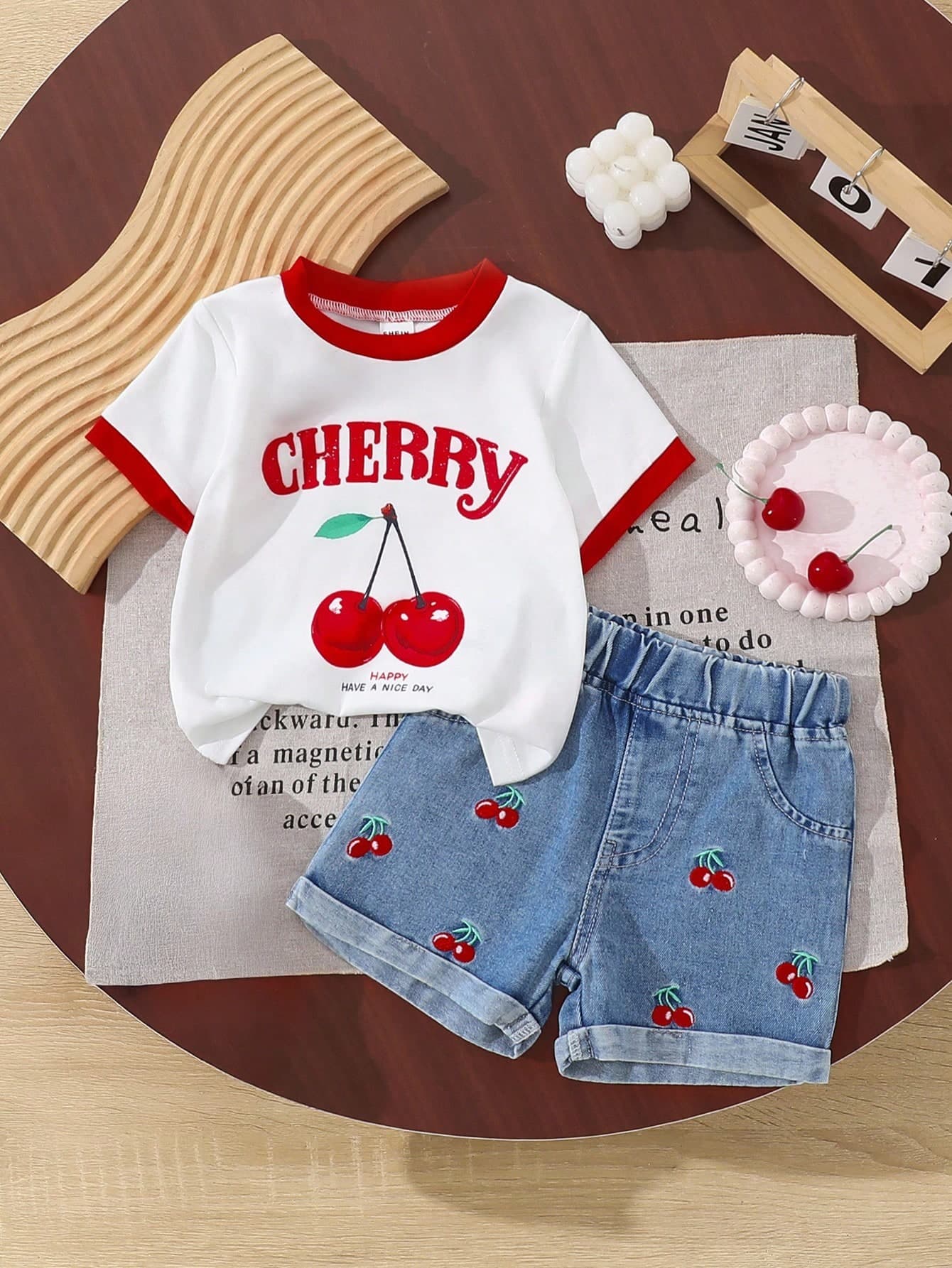 SHEIN Vintaside Kids Baby Girl Cherry Print T-Shirt With Contrast Trim, Fashion Short Sleeve Top, Embroidery Pattern Contrast Color Hem Shorts 2Pc Set