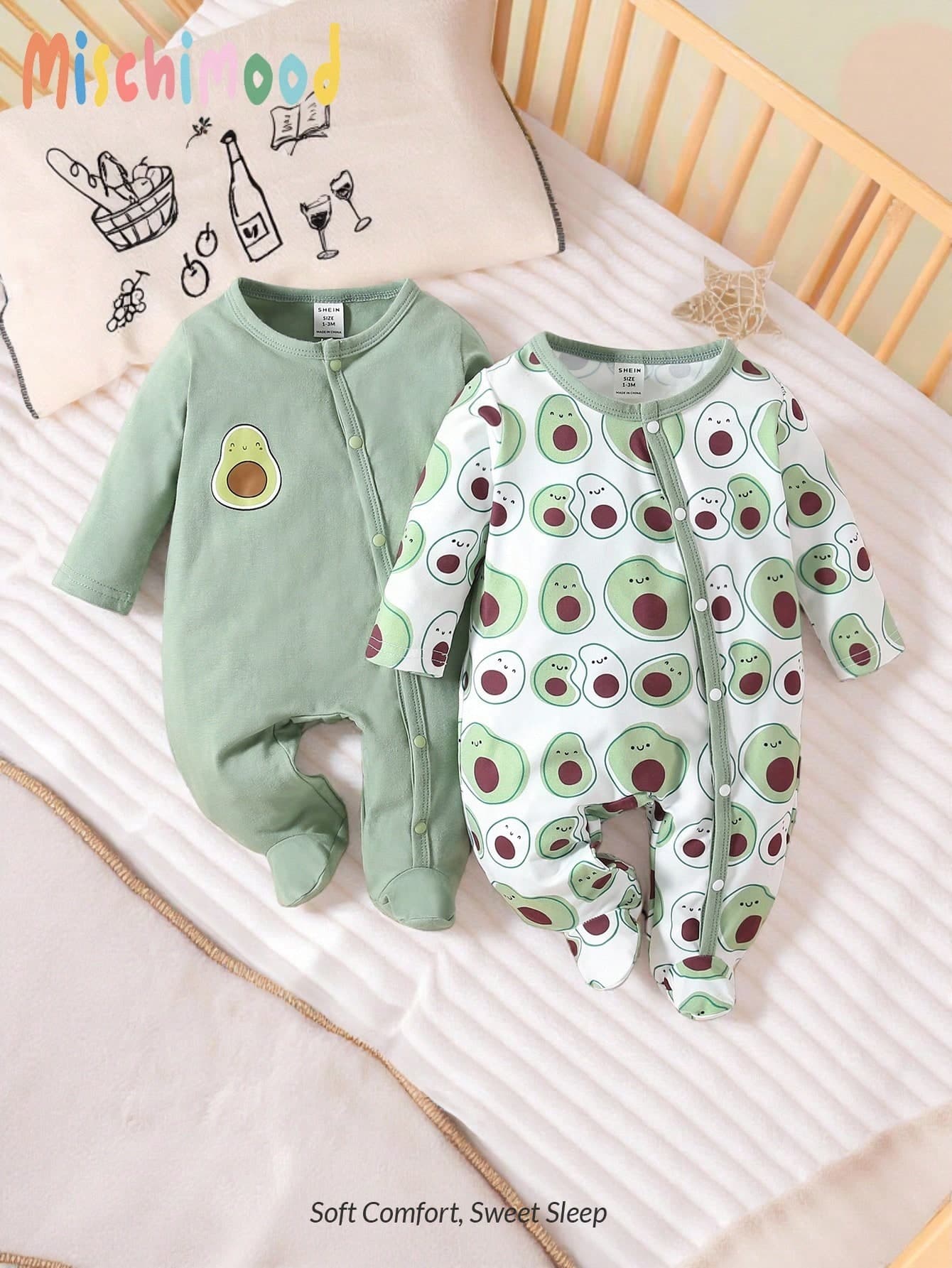 SHEIN Baby Girl 2pcs Avocado Print Button Front Footed Sleep Jumpsuit