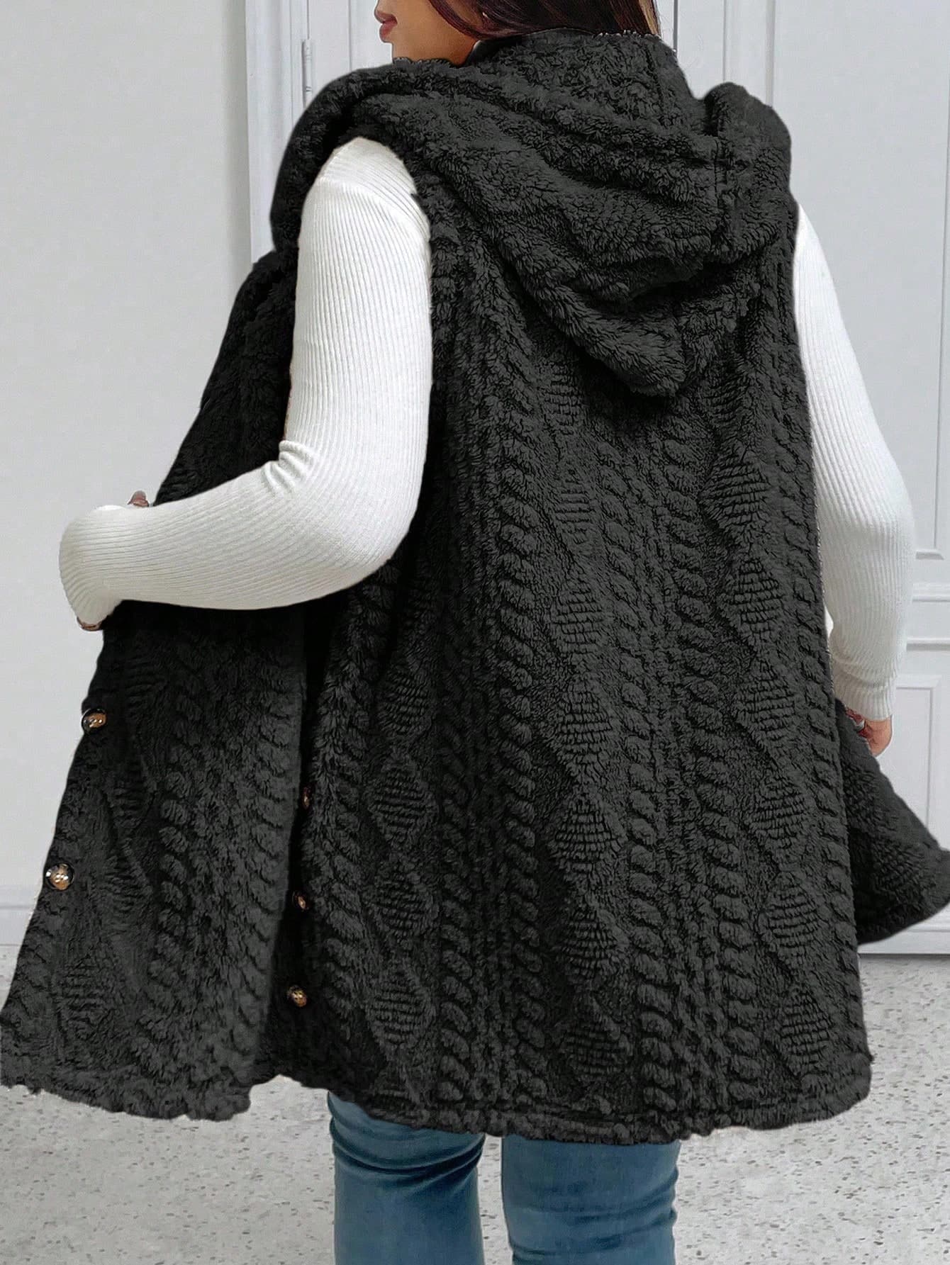 EMERY ROSE Halloween Plus Size Casual Fluffy Jacquard Solid Color Thick Open Front Hooded Single-Breasted Versatile Vest Jacket Winter Fall Autumn