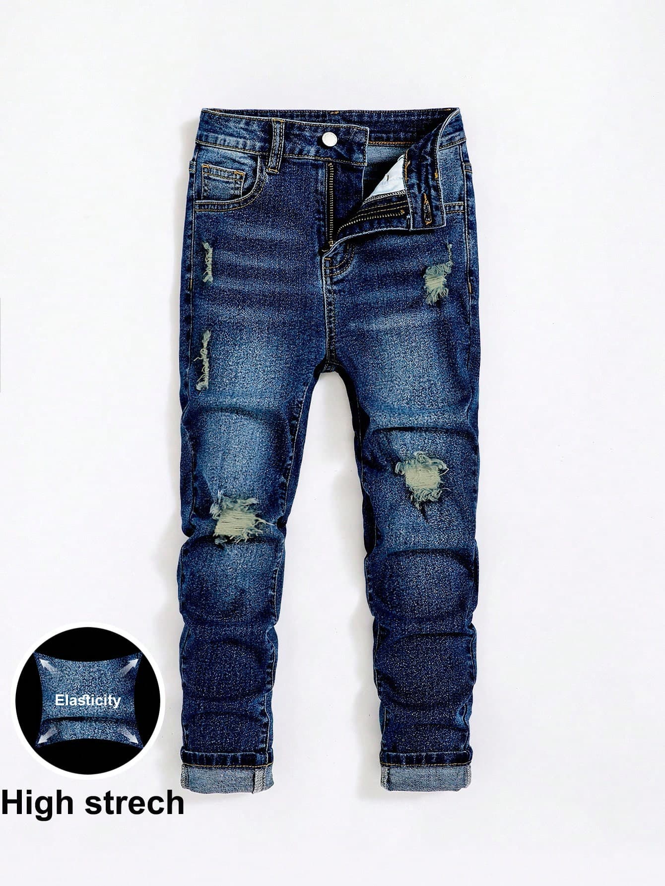SHEIN Tween Boy Fashion Casual Cut Out Ripped Frayed Design Comfortable Stretch Jeans Cool Thanksgiving For Dailywear And Fall/Winter