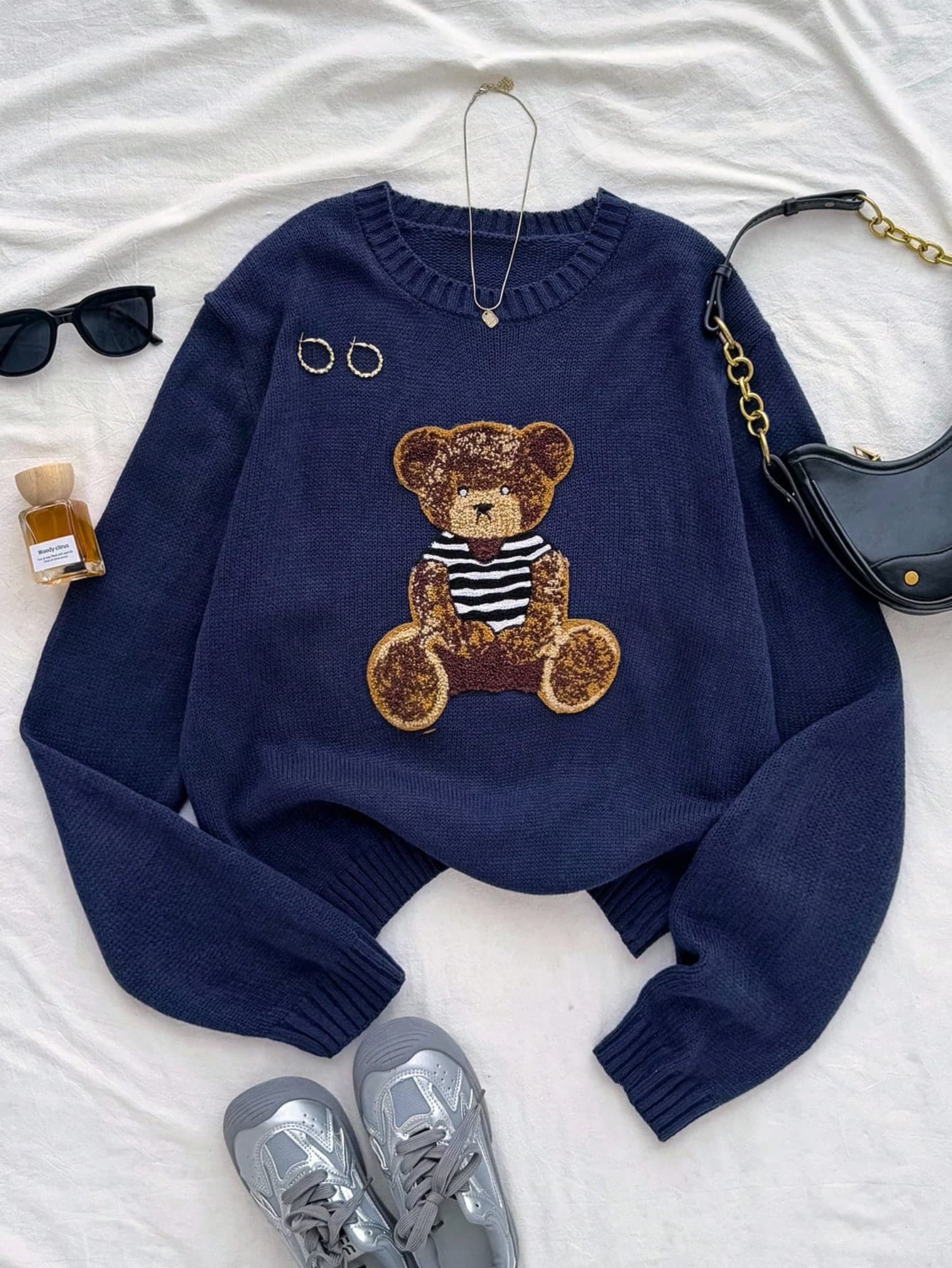 SHEIN Girl Oversized Crew Neck Bear Graphic Long Sleeve Pullover Winter Sweater,Navy Blue,Autumn,Cute,Holiday,Back-To-School,Thermal Streetwear Loose Fit