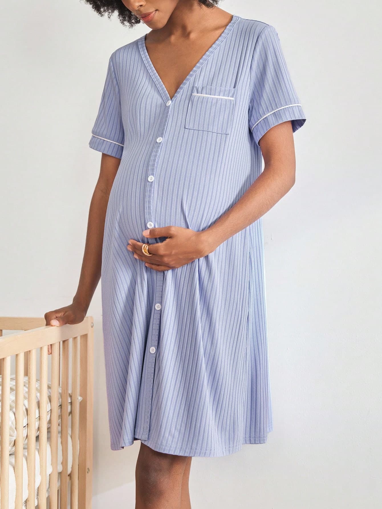 Moonlight&Mama Maternity Short Sleeve Ribbed Nursing Nightgown With Button,Fashion Loungewear Sleepwear Pajama Dress Sleep Shirt