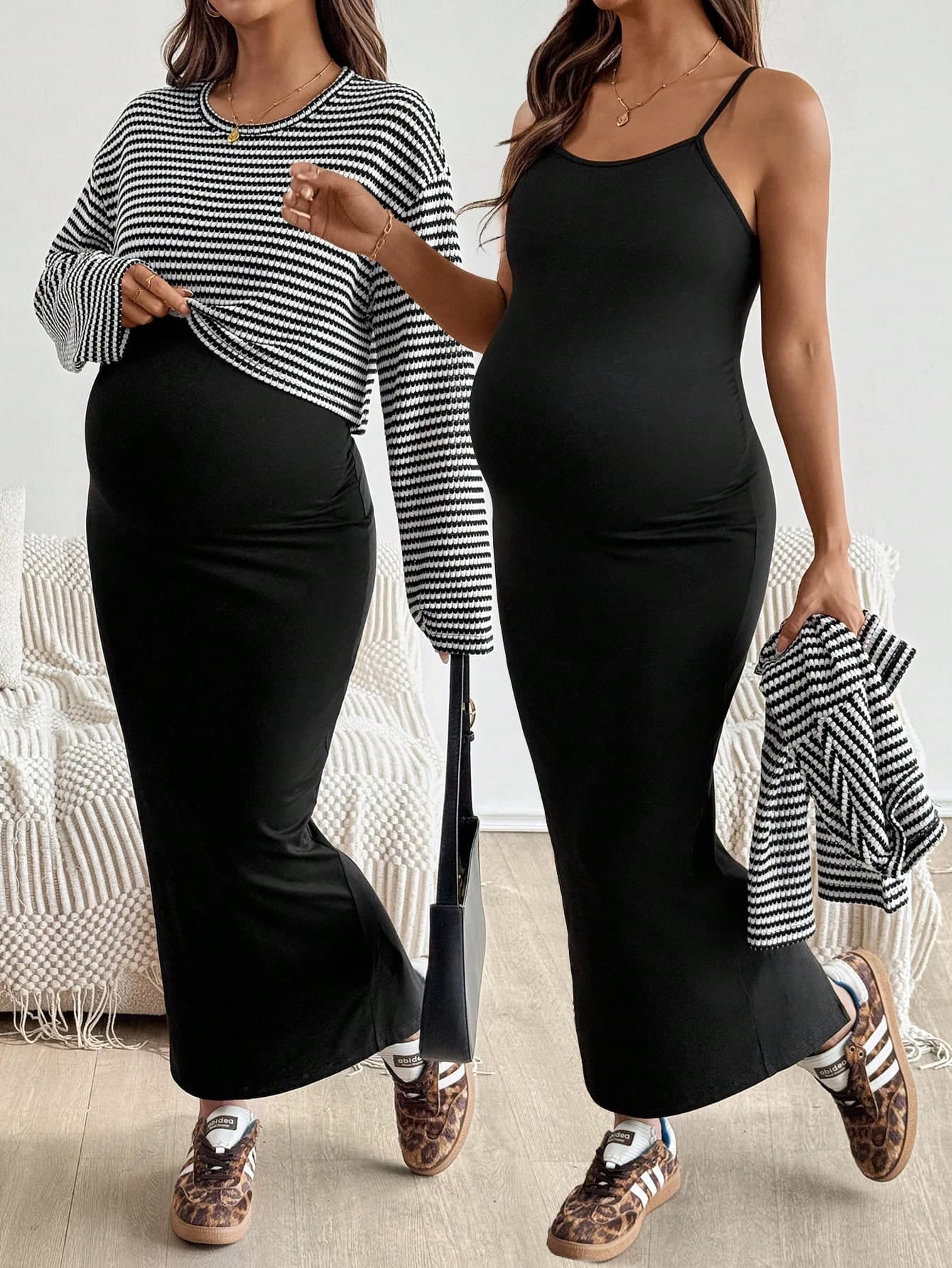 SHEIN 2pcs Set: Raglan Sleeve Striped Blouse And Solid Color Bodycon Maternity Outfit, Suitable For Autumn  Fall Women Clothes World Cup