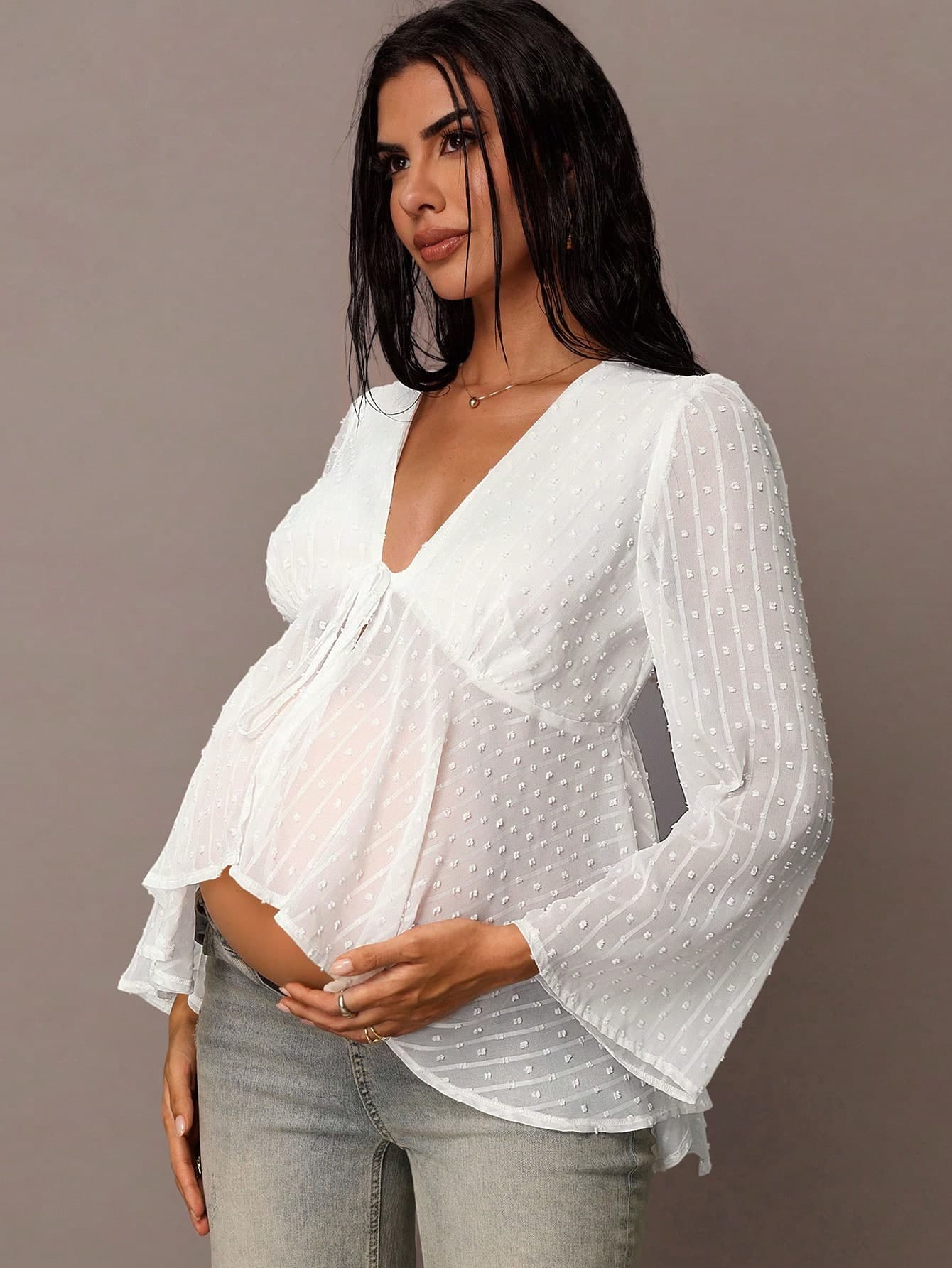 MaterniChic Fall Women Clothes V-Neck Bowknot Decor Maternity Blouse Going Out Tops Women