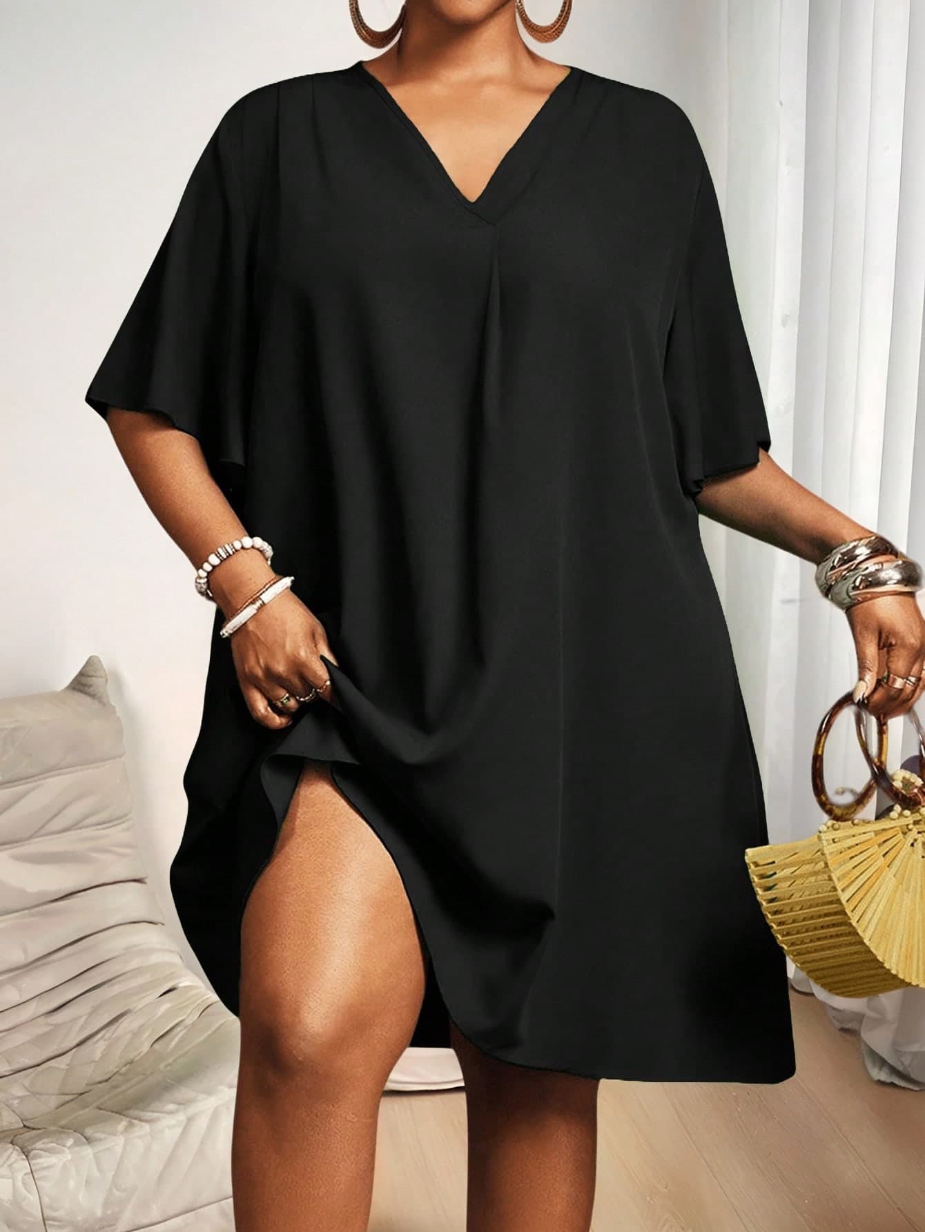 Slaydiva New Elegant Casual/Business Casual Women Short Sleeve Chiffon Shirt Dress, V-Neck Loose Ruffle Midi Plus Size T Vacation Black V Neck
