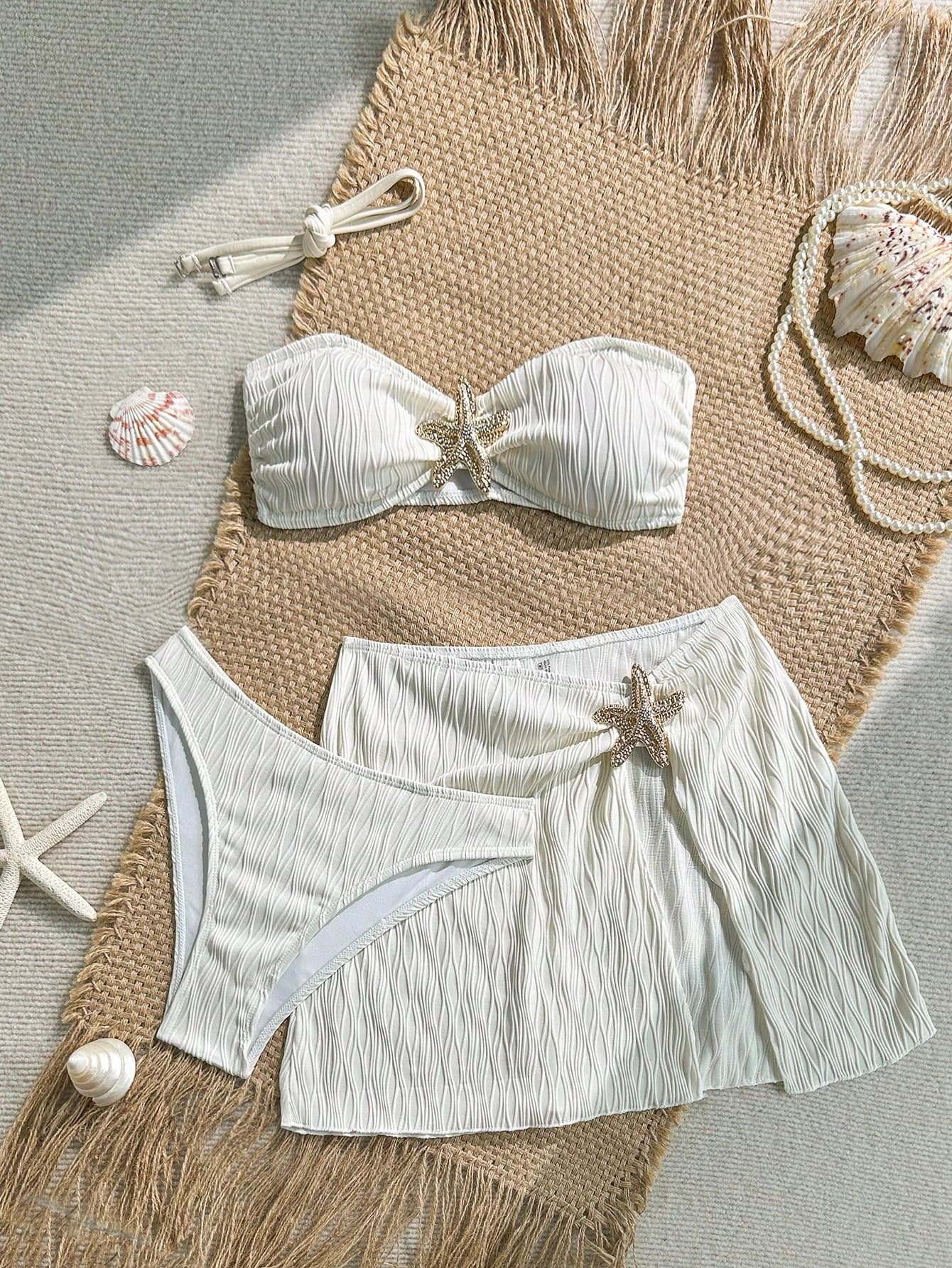 Soleia Women's Summer Beach Starfish Decor Bandeau Sexy Bikini Set With Cover Up Skirt