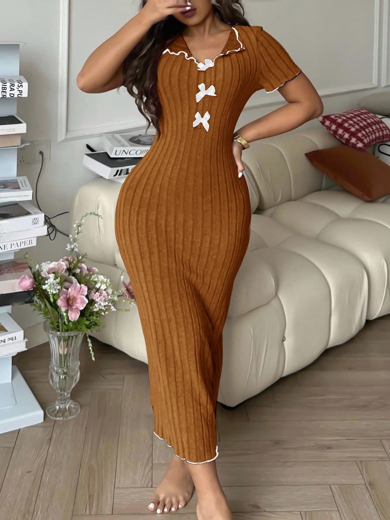 DUSKBASE Casual Knitted Orange Lounge Dress With Ribbed Stripes And V Neck Short Sleeves Brown Dress Women Bodycon Dress Ribbed Dress Brown Midi Dress
