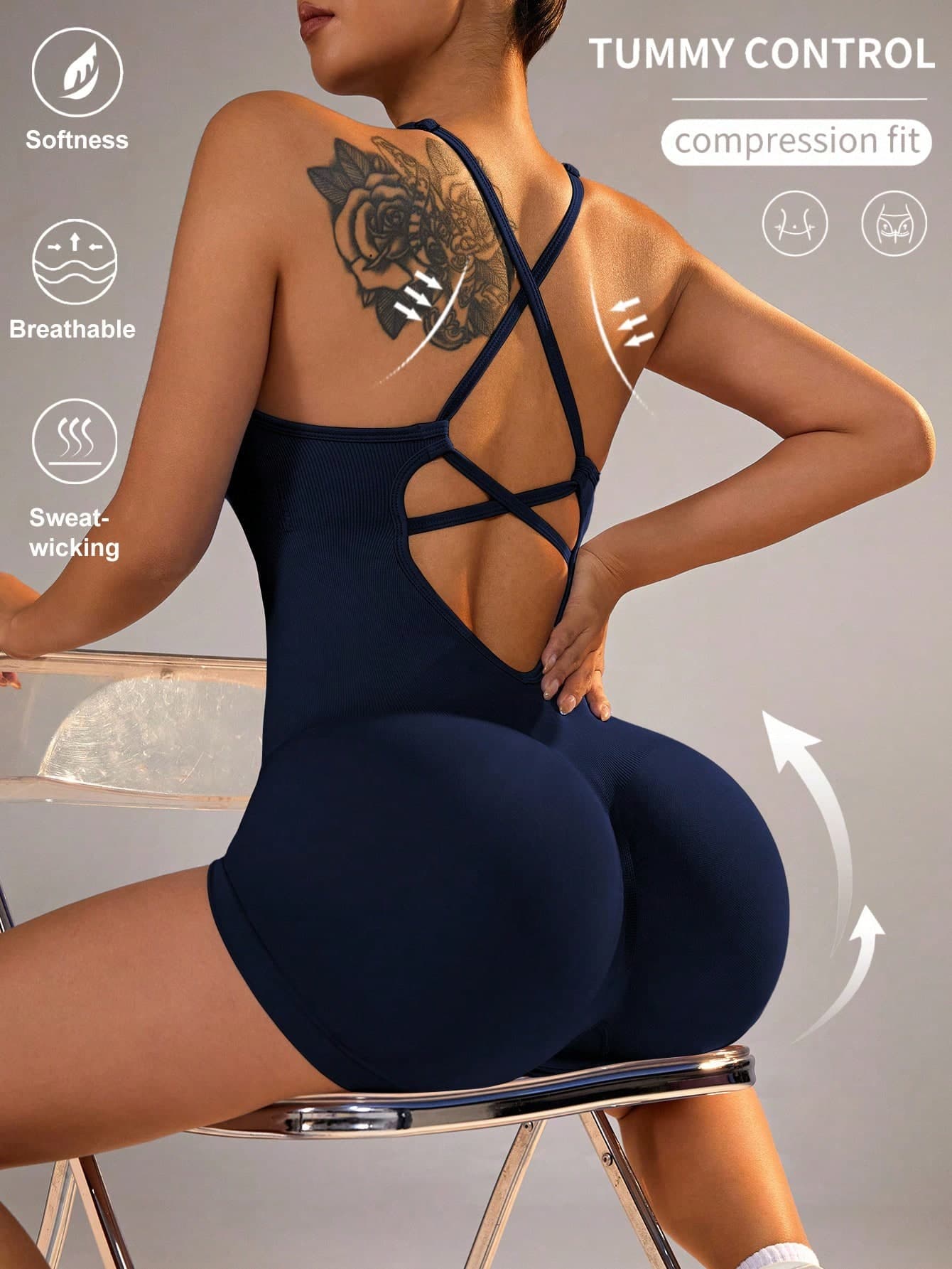 Slayform Slayform Women's Navy Blue Summer Athleisure Gym Yoga Romper,Criss-Cross Back Strap Seamless Bodysuit,Tummy Control One Piece Workout Jumpsuit Outfit Set
