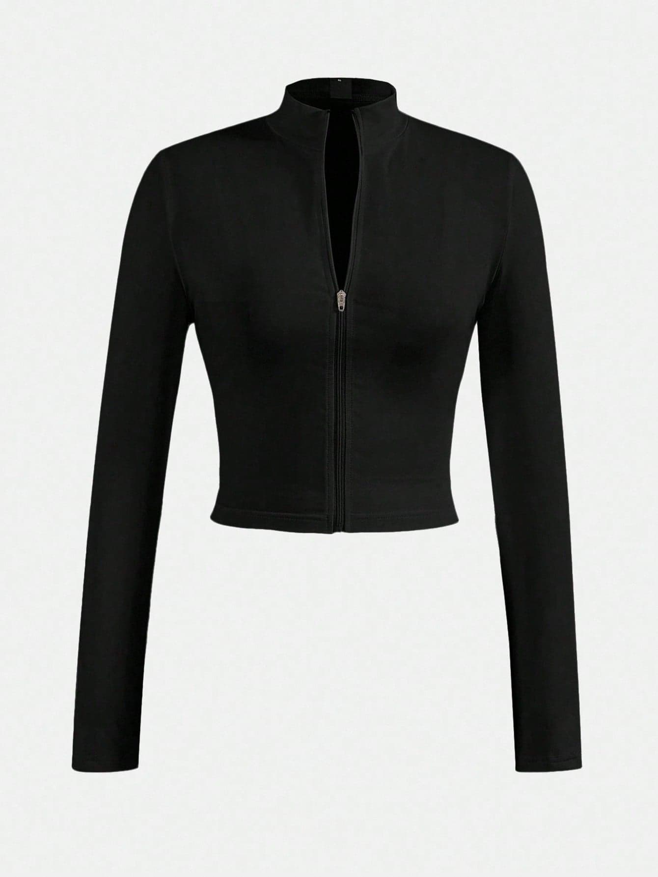 SHEIN Girlism Teen Girls Casual Black Zip Up Jacket,Autumn Streetwear Snug Fit Long Sleeve Cropped Jacket,Half-Zip V-Neck Elastic Cardigan Basic Essential Outerwear