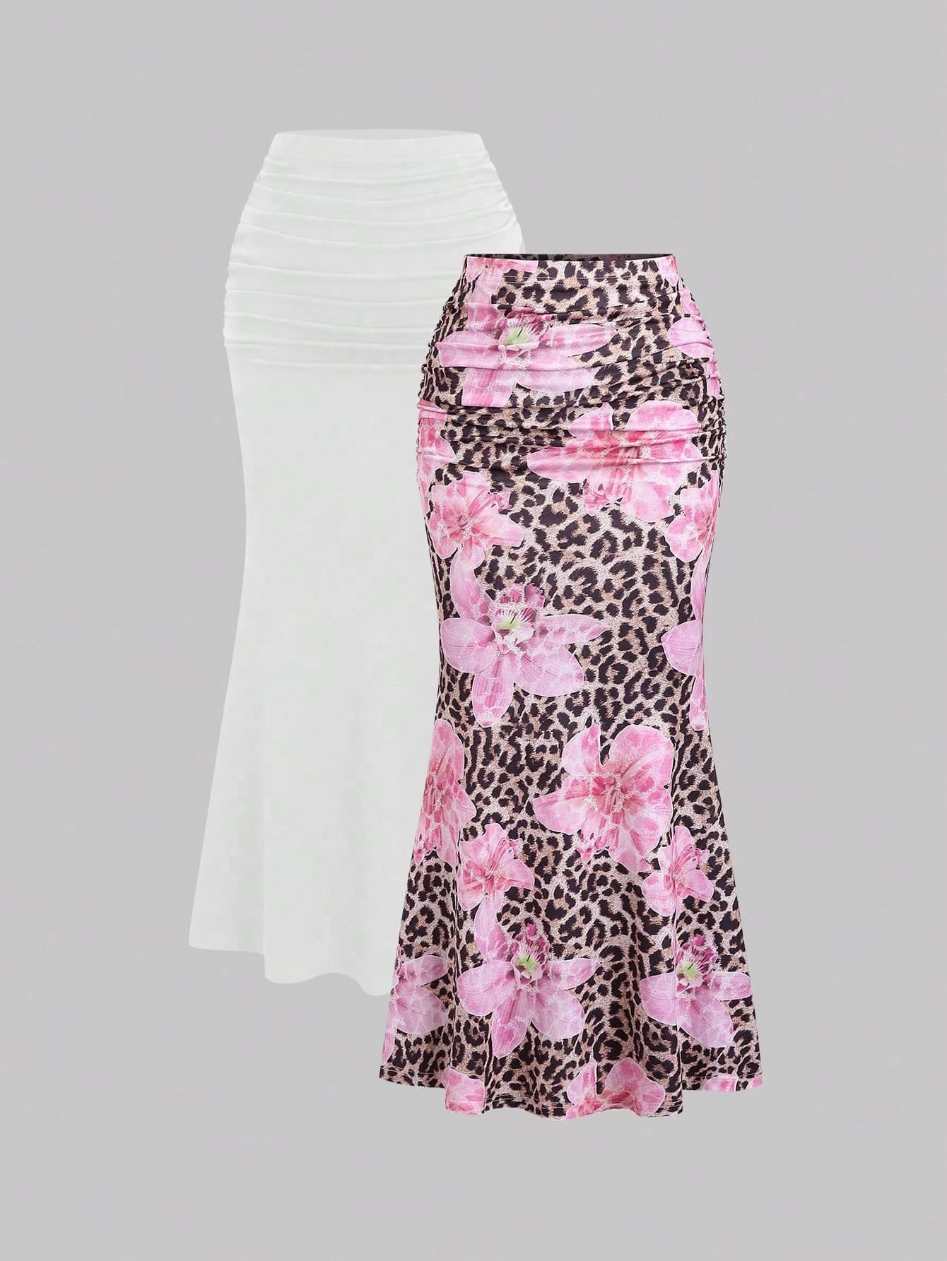 SHEIN Unity 2pcs/Set Elegant Party Women Solid Color Mermaid Skirt & Floral Pattern Skirt Fall Cloth For Women