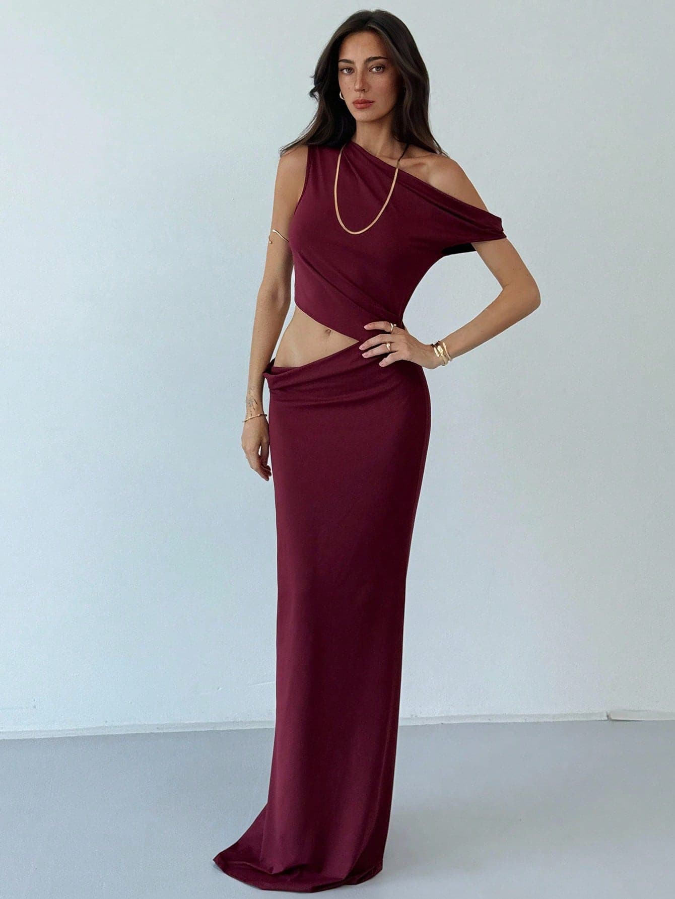 Aloruh Women's Asymmetrical Collar Waist Cutout Fish Tail Hem Dress,Burgundy,Summer,Chic,Night Out Stylish Tropical Beach Vacation Boho Fairycore Outfit