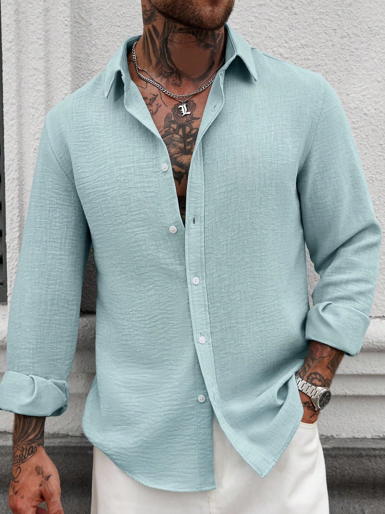 Manfinity CasualCool Men Simple Solid Color Front Button Casual Linen Long Sleeve Shirt, For Fall, Formal