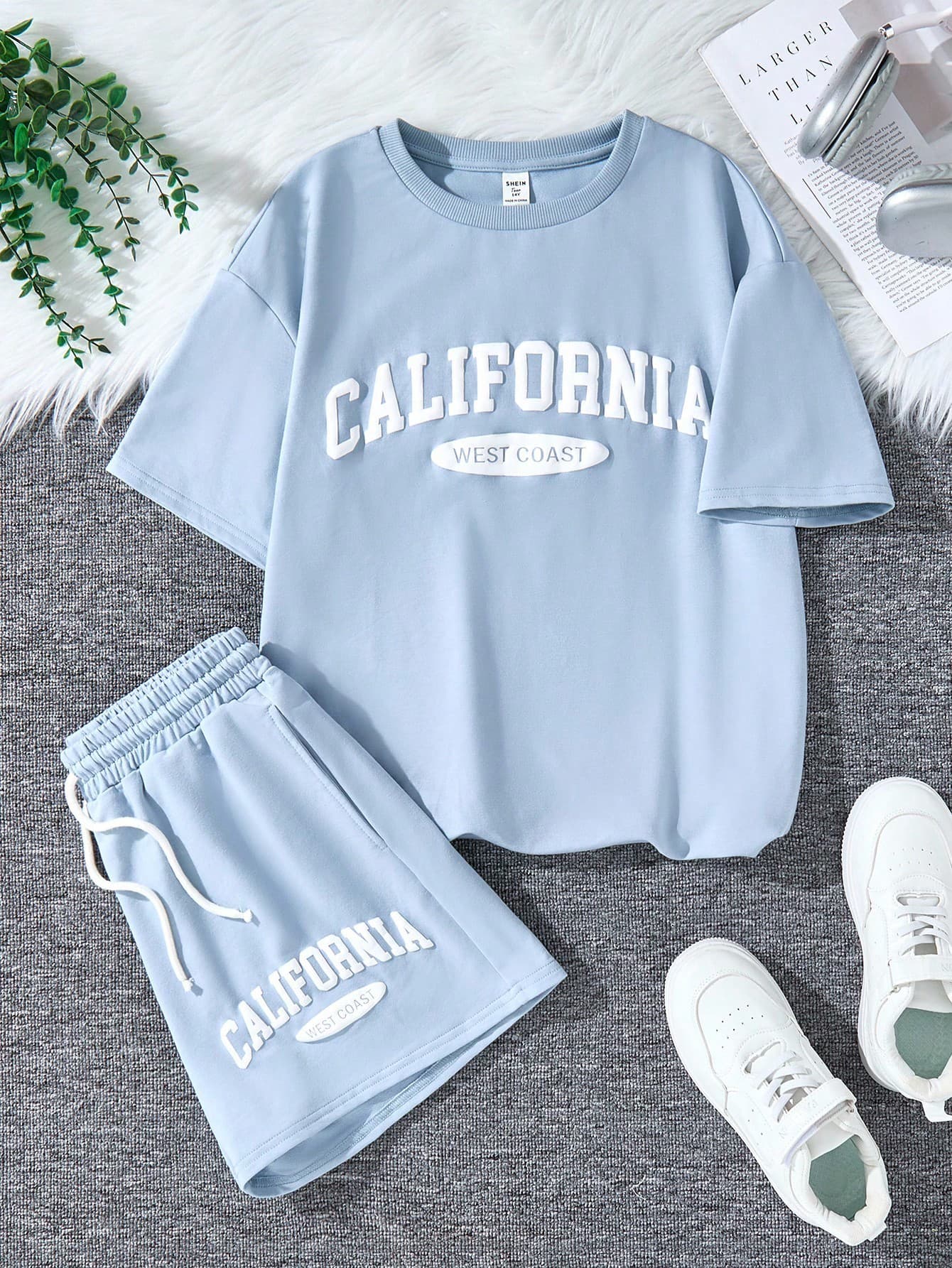 SHEIN Everyday Casual Drop Shoulder T-Shirt Co-Ords With Pocket And Round Neck 2 Piece Set Teenager Blue