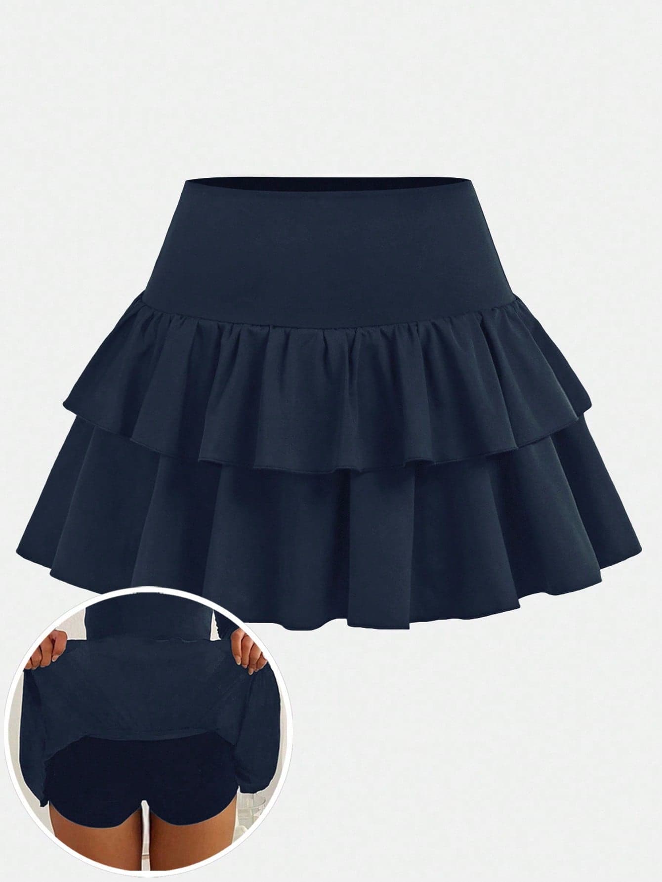 SHEIN Girlism Plain Navy Blue Short Layered Skirt For Teen Girls With Comfortable Fit Ruffle Kids Skirts Skort Cutecore Fall Winter