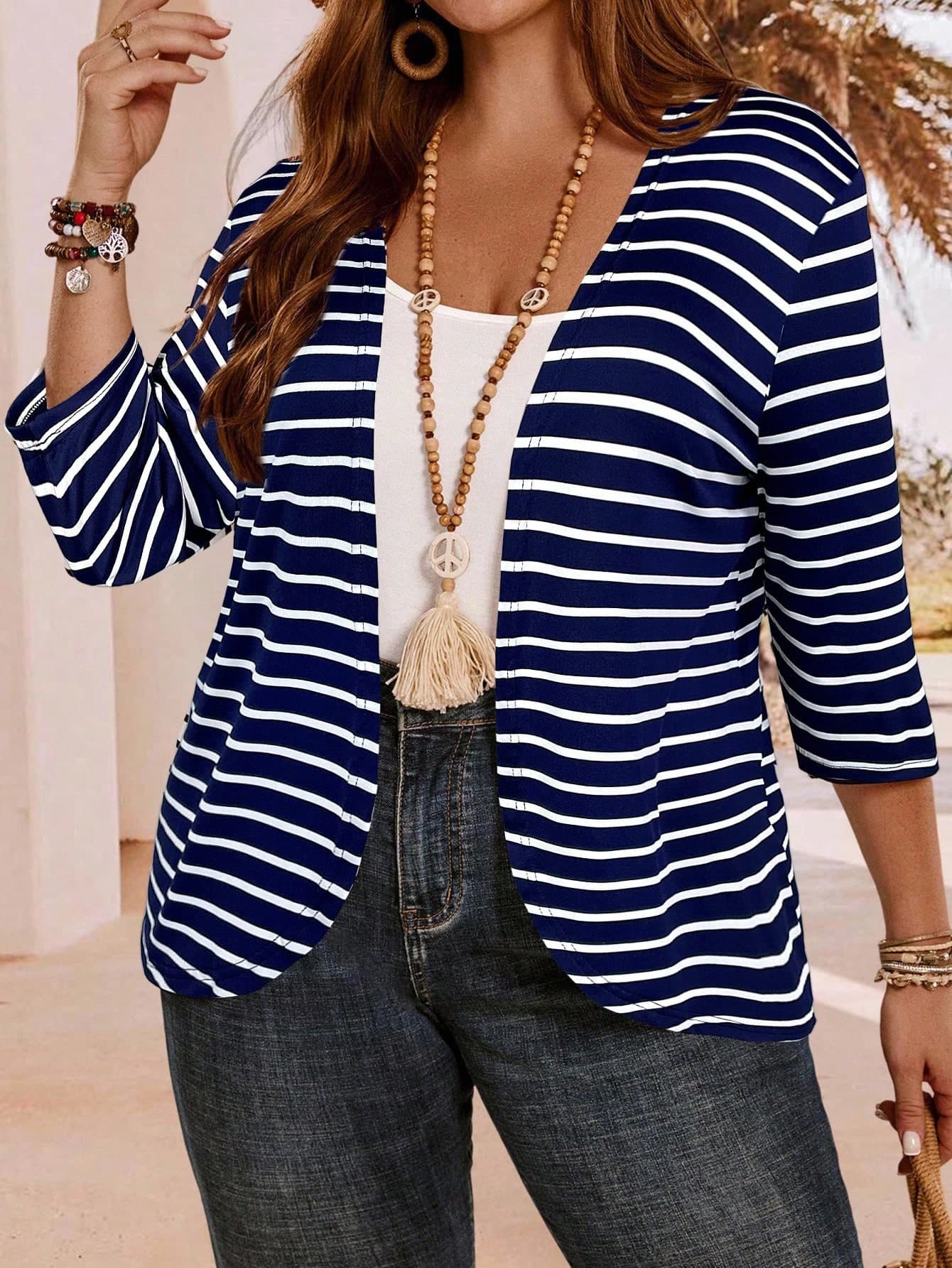 EMERY ROSE Plus Size Women's Striped 3/4 Sleeve Jacket,Lightweight Blue Striped Cardigan,Bohemia Casual Autumn Summer Vacation Outfits,Gifts For Mother,Met Gala