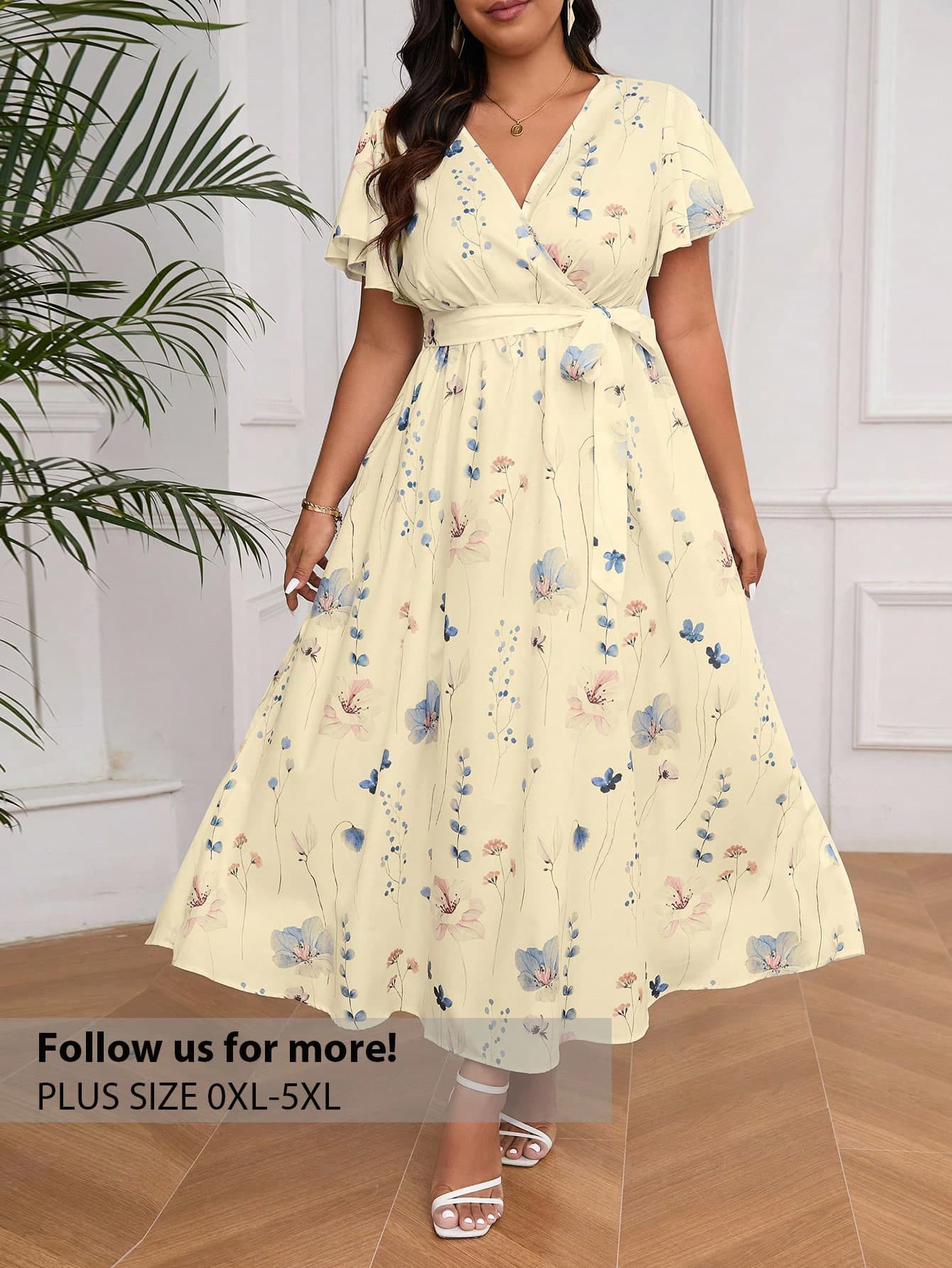 Firerie Plus Size Casual V-Neck Loose Fit Tie-Belt Random Floral Print Split Hem Summer Vacation Dress For Women,Beach Sundress,Holiday Outfits Boho Spring