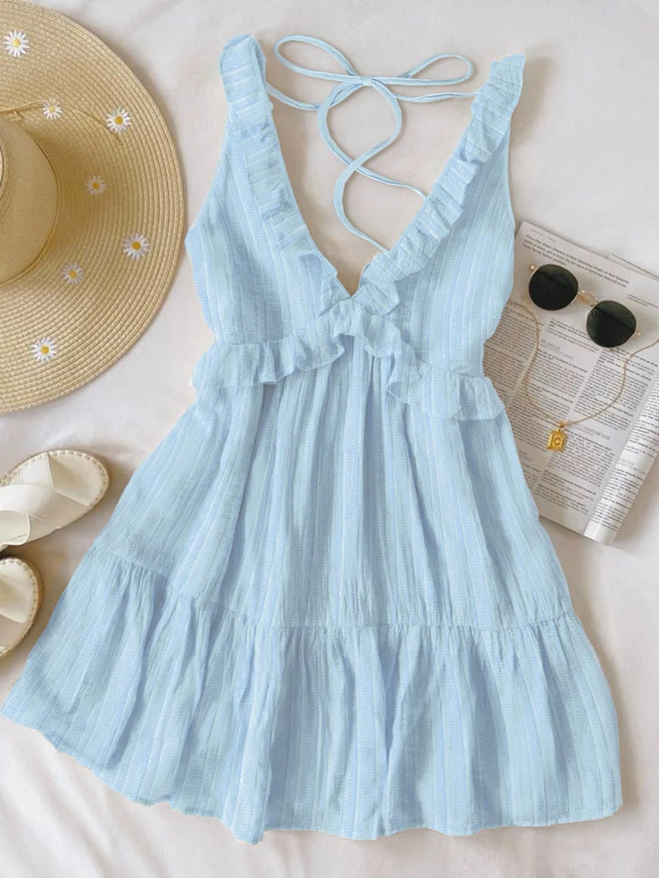 INAWLY Women's Simple Ruffled Strap Solid Mini Dress, In Light Yellow, Suitable For Summer Leisure & Vacation