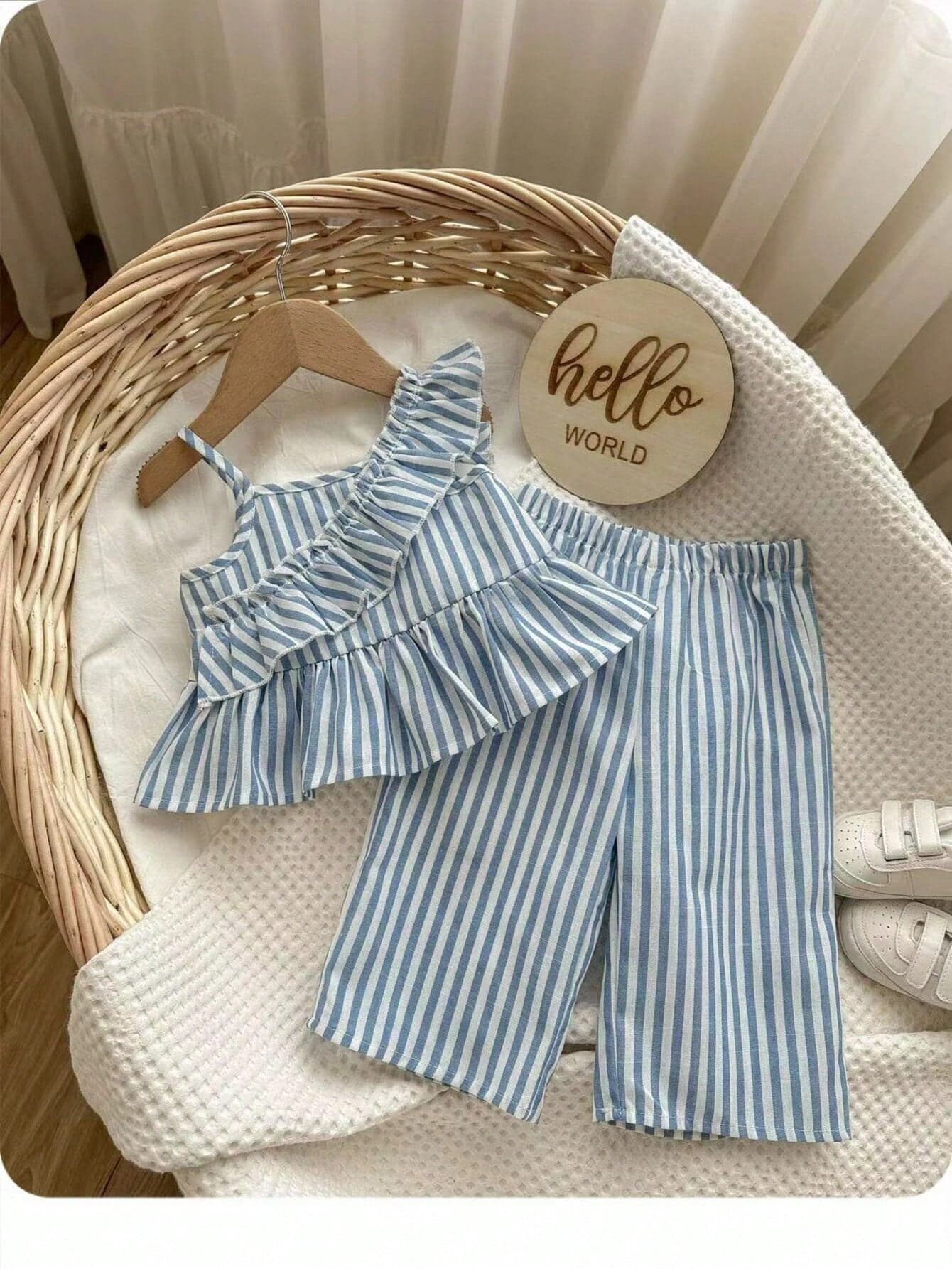 Baby Girl Striped Asymmetrical Neck Ruffle Trim Peplum Top & Pants, Baby Girl