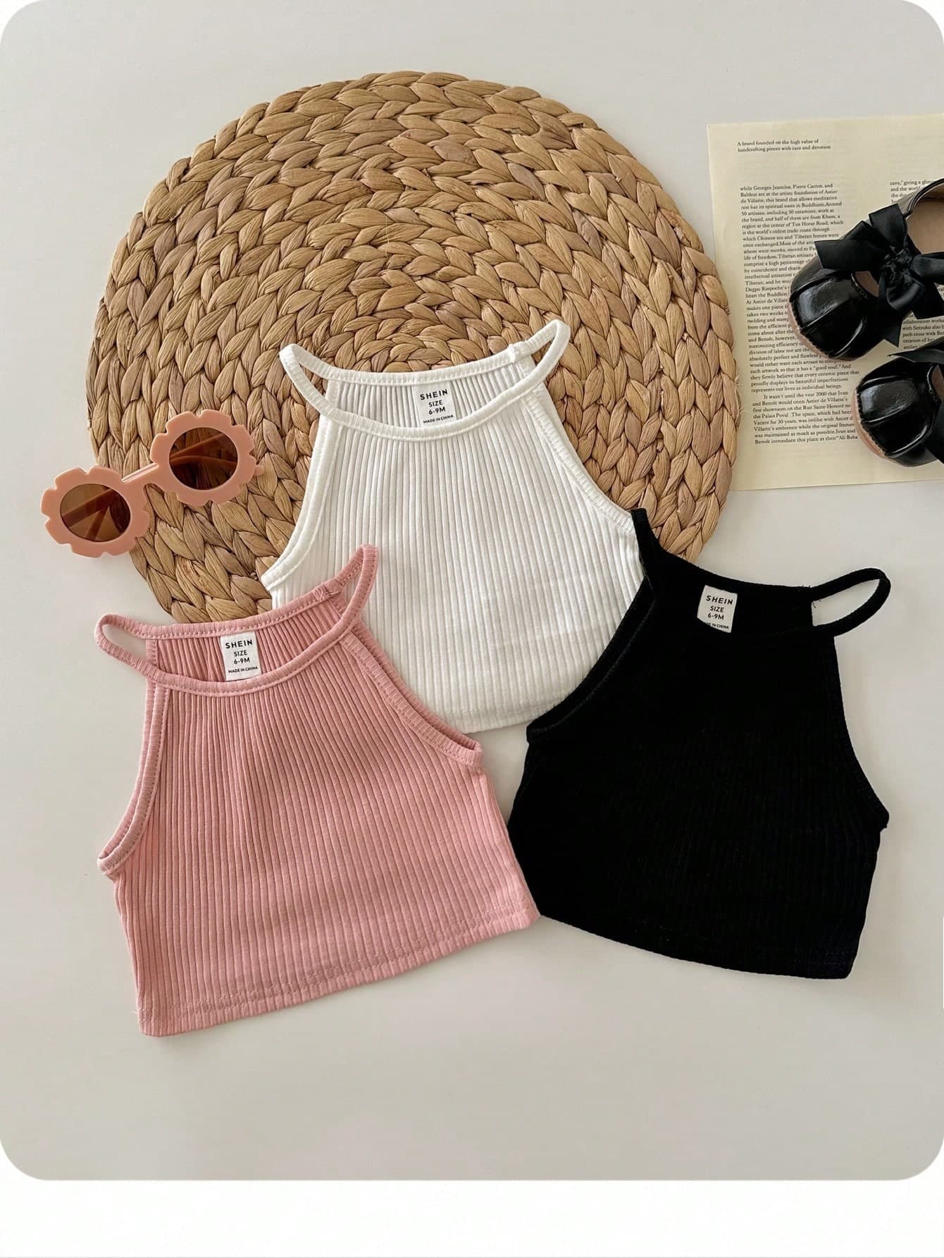 3pcs/Set Baby Girl Solid Color Ribbed Halter Vest