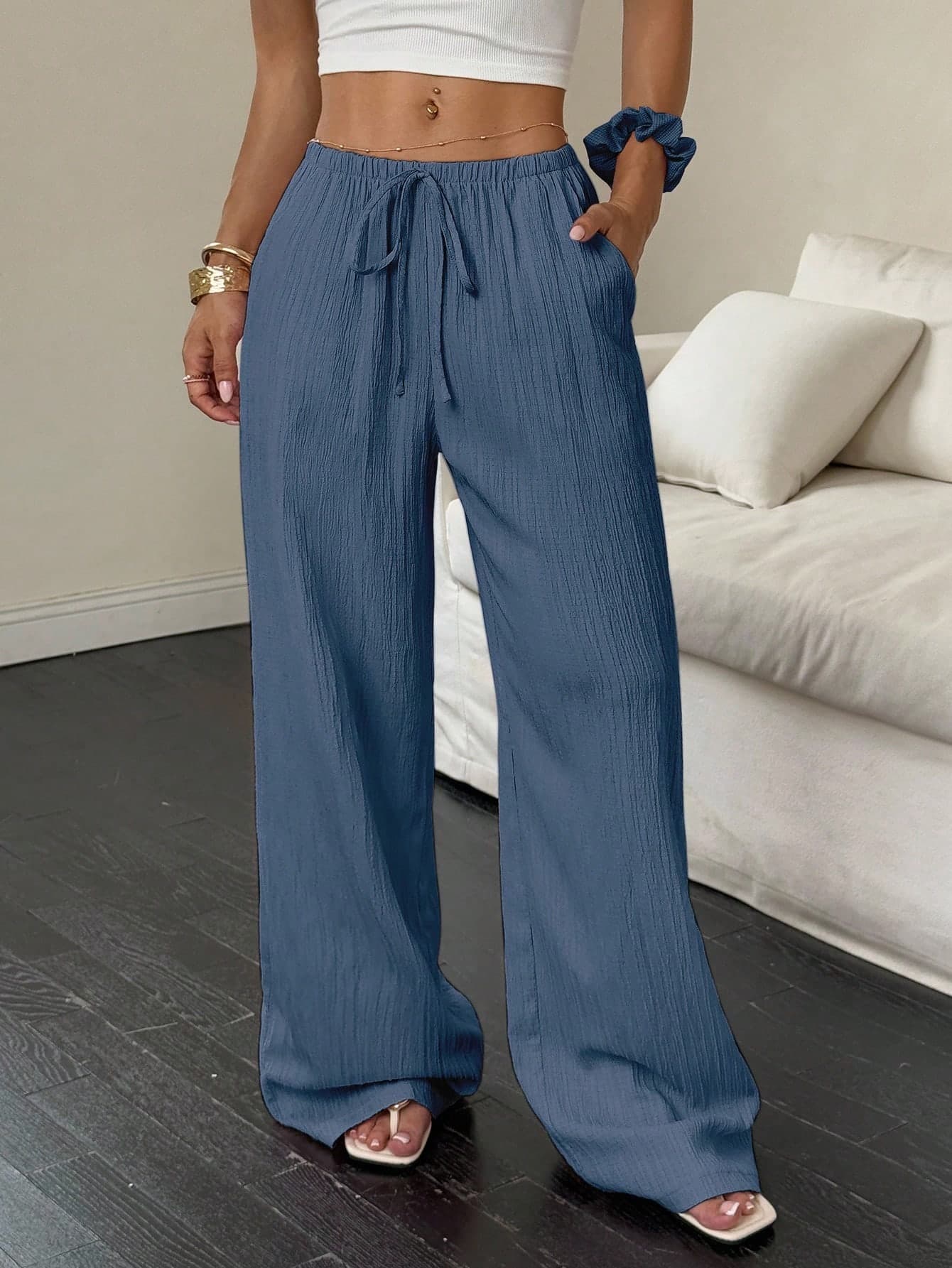 Flirla Women's Casual Solid Color Tie Knot Elastic Waist Loose Wide Leg Pants Fall Cloth For Women