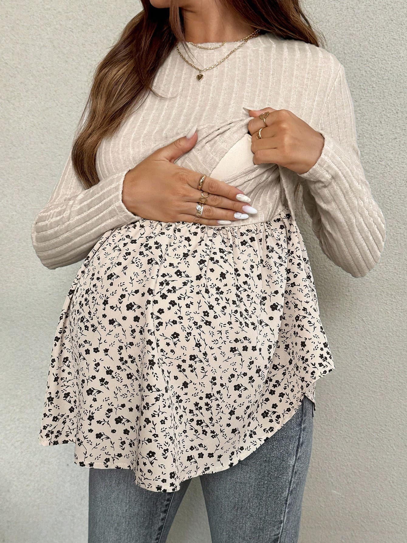 SHEIN Casual Floral Patchwork Printed Maternity Nursing Functional Long Sleeve Top Beige Fall Pregnant Blouse Pregnancy Ditsy