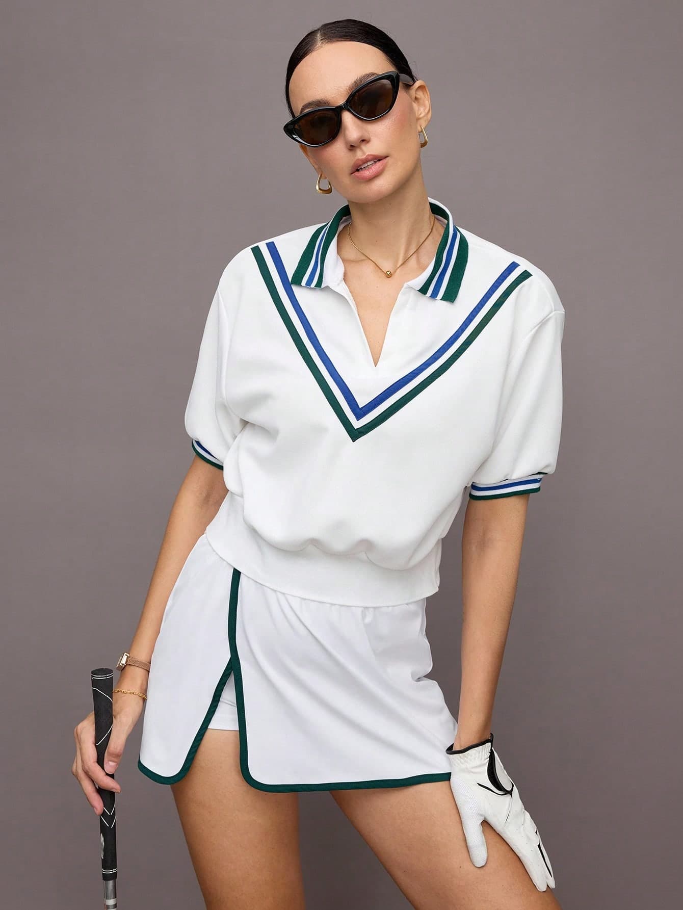 Activina Women Striped Short Puff Sleeve Casual Sports Polo Shirt