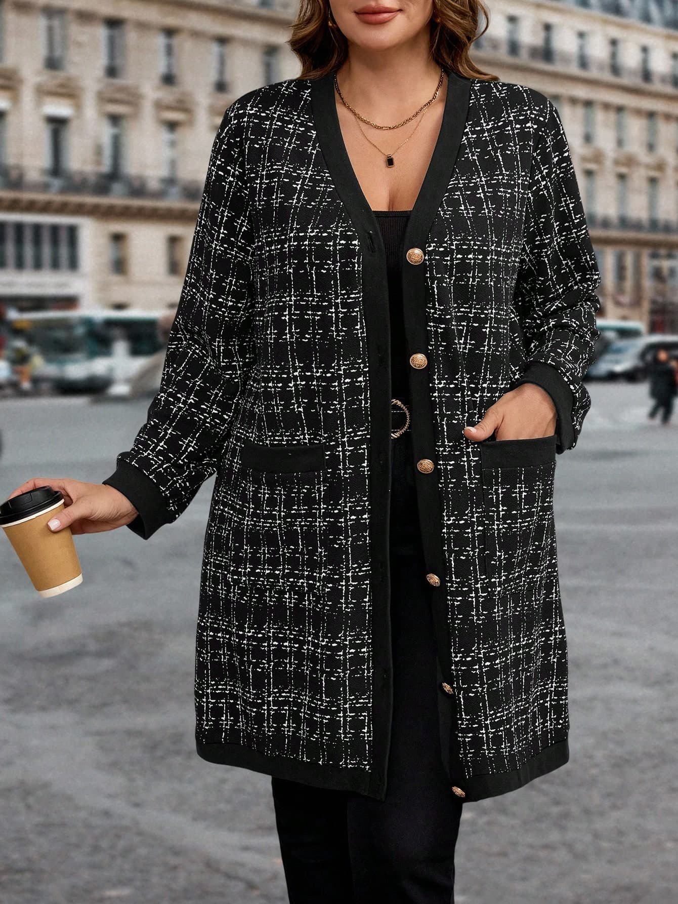 SHEIN Clasi Plus Size Women's Black And White Faux Tweed Print Long Sleeve V-Neck Single Breasted Pocket Coat,Autumn Elegant Office Plaid Winter Jacket Cardigan
