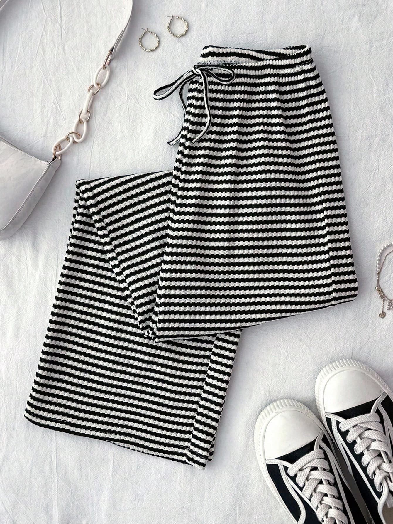 Teen Girls' Rib-Knit Striped Drawstring Waist Slim Fit Casual Pants Fall Winter