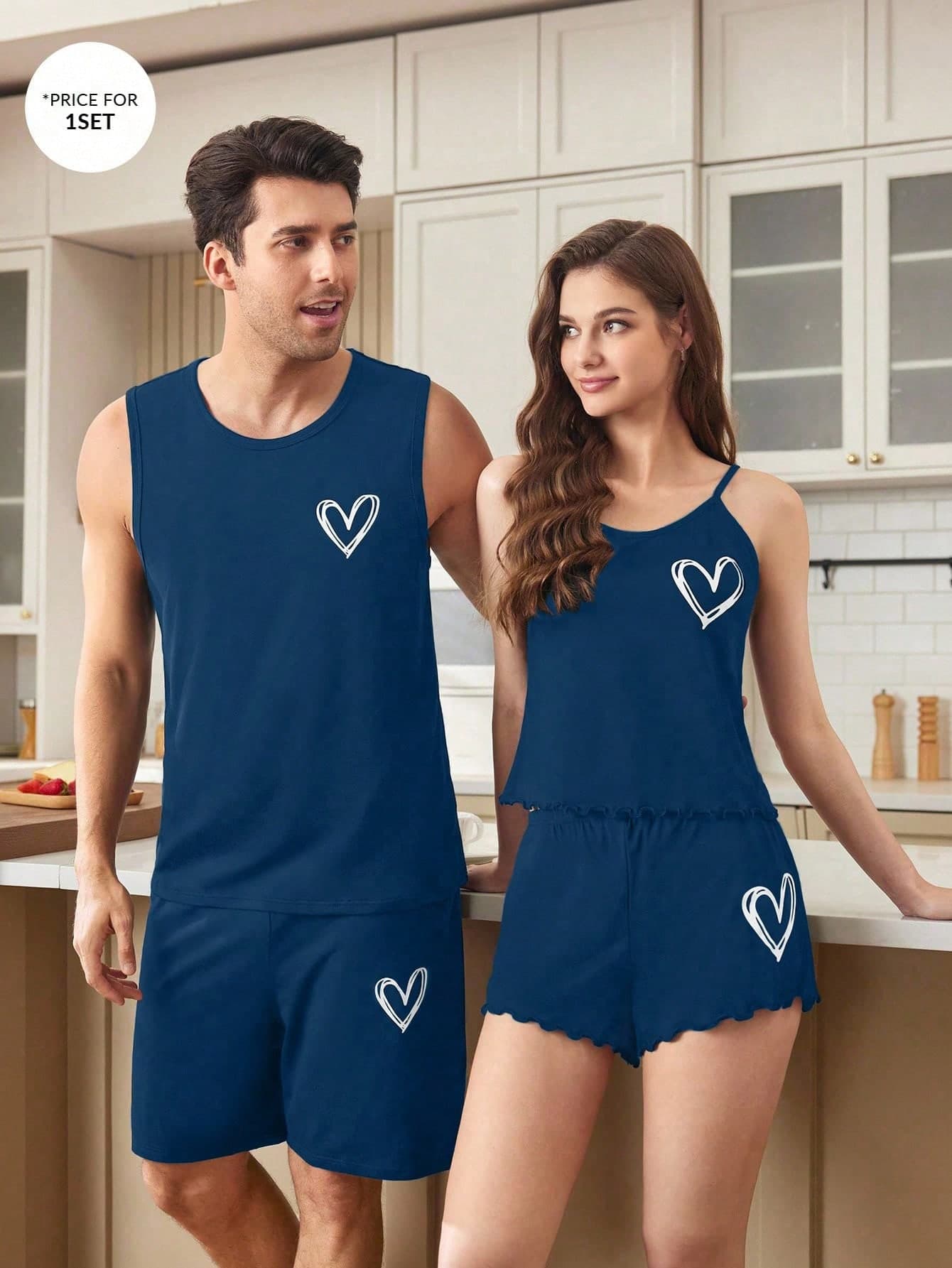 SHEIN Casual Navy Blue Geometric Sleeveless Lounge Set For Couples With Lettuce Trim Details Couple Matching Pajamas
