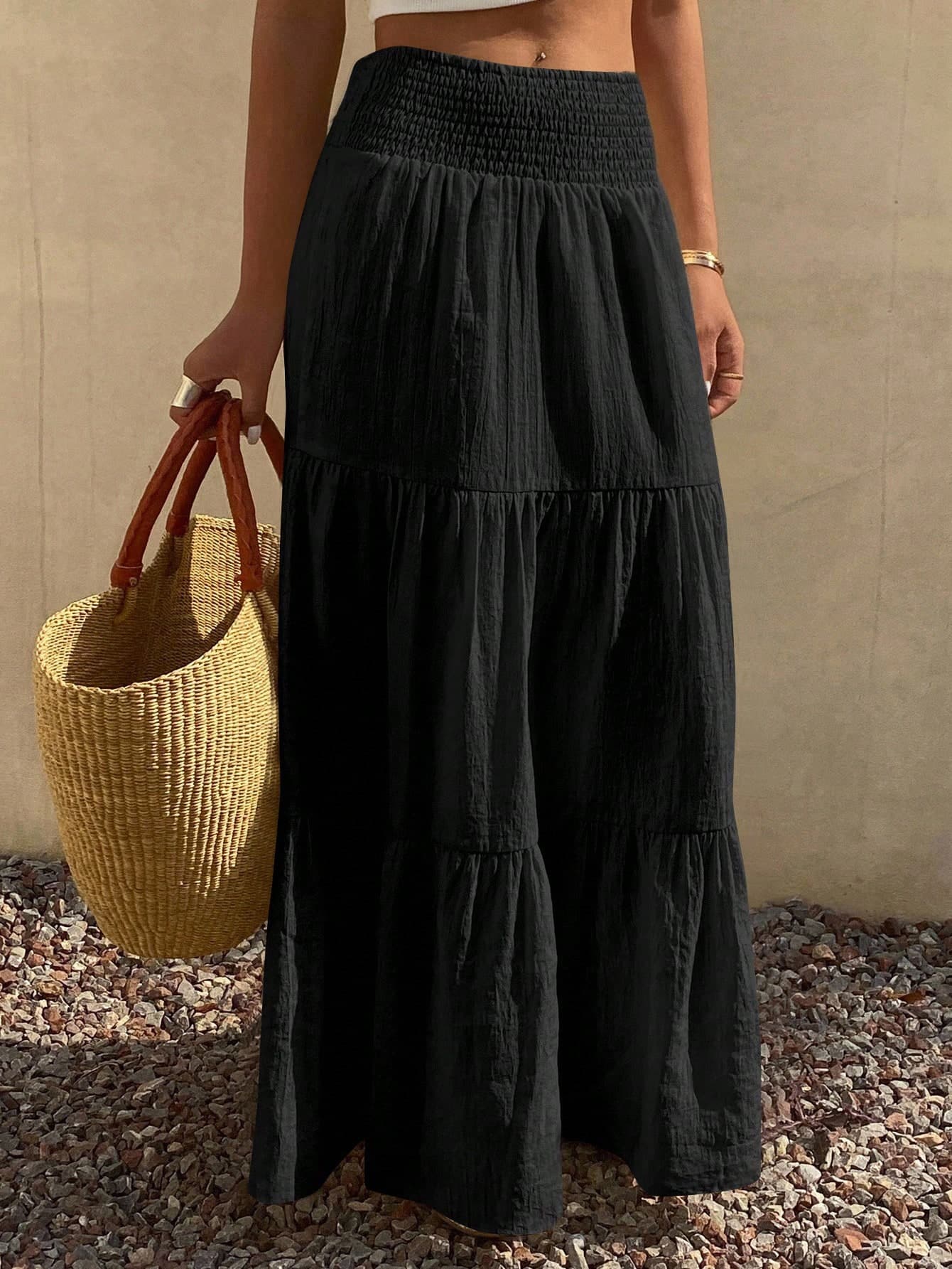 DAZY Women's Lightweight Summer Vacation Solid Color Textured Ruffle Hem Skirt Boho