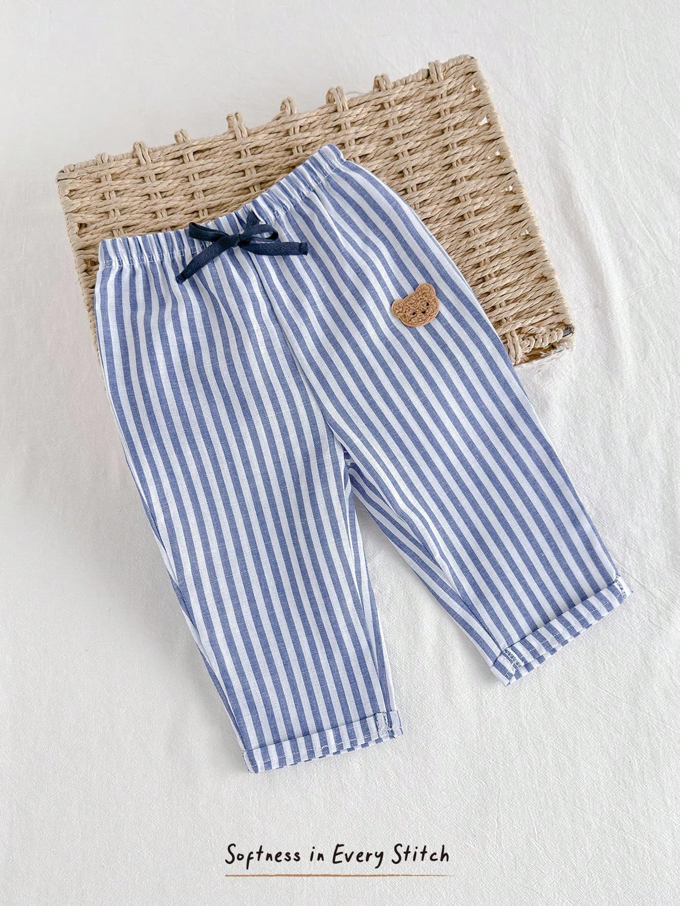 Cozy Pixies Baby Boy Elastic Waist Casual Long Pants With Decorative Tape,Comfortable And Versatile Striped Toddler Summer Trousers Blue