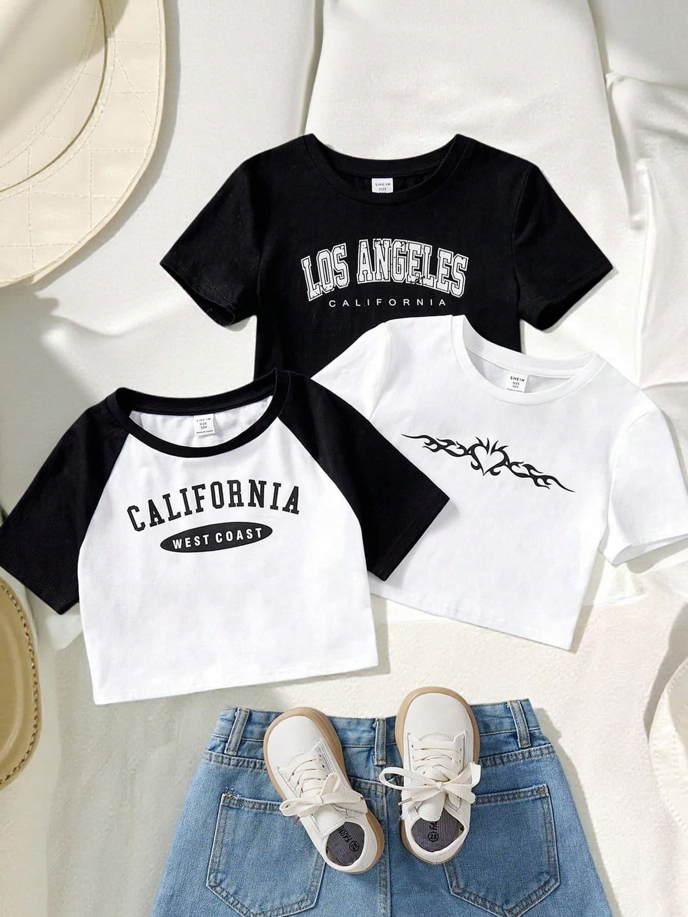 SHEIN Tween Girl 3pcs/Set Color Blocking Short Sleeve T-Shirt With Raglan Sleeves, Round Neck And Letter Heart Print, Casual Summer