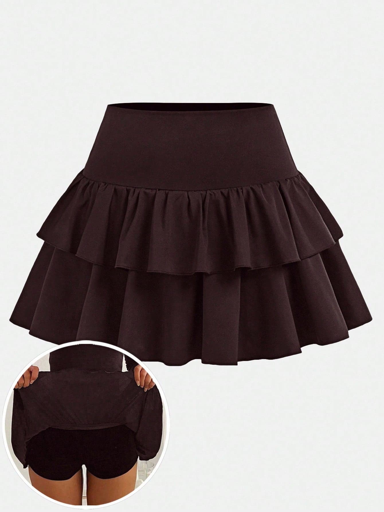 SHEIN Girlism Teen Girls Casual Blue Summer Sports School Skater Skirt,Black Inner Leggings Double Ruffle Hem Tiered Tween Brown Skirts For Spring Fall Winter
