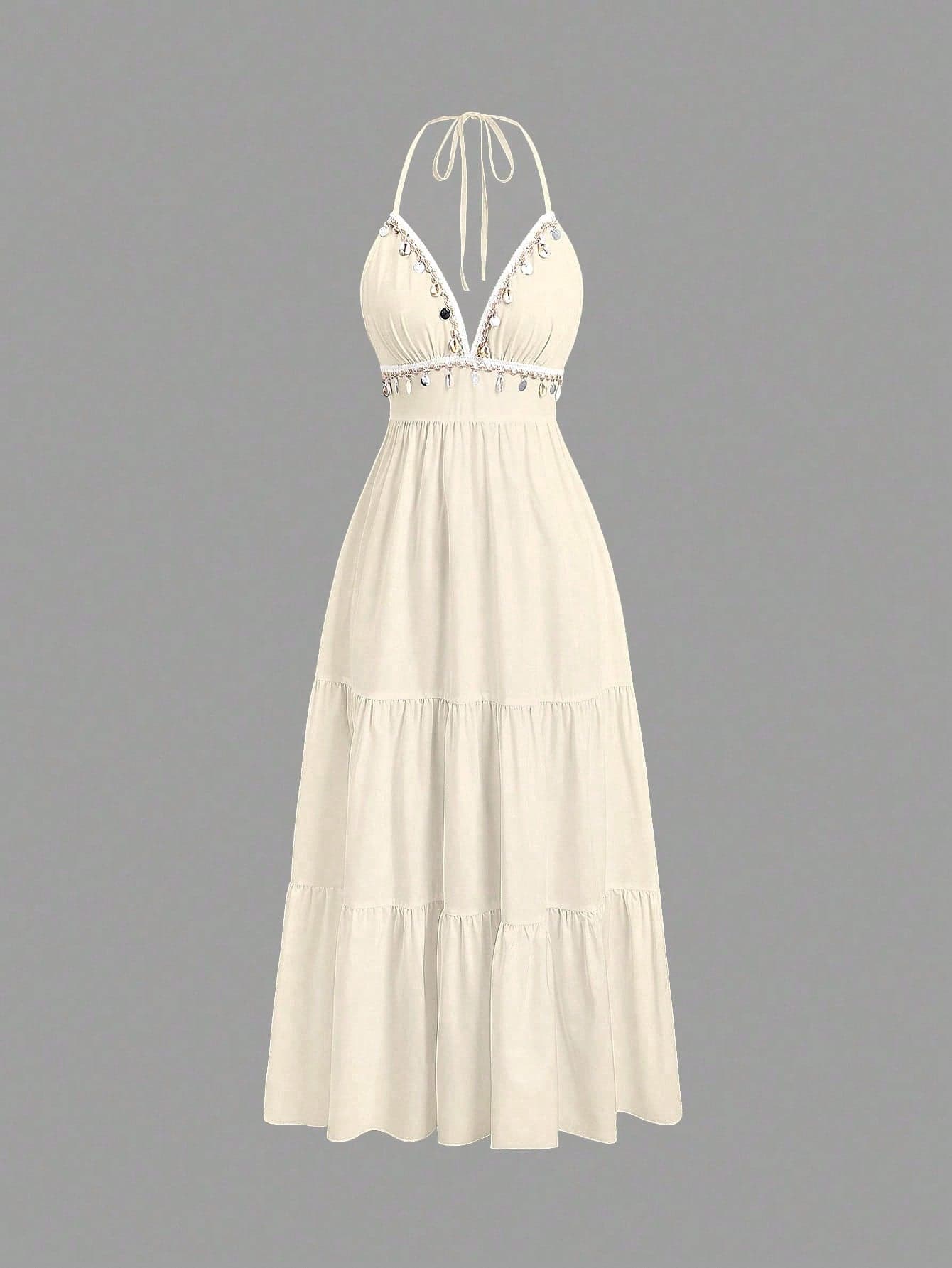 Sweetra Embroidery Tie Back Hollow Waist Vacation Casual Dress