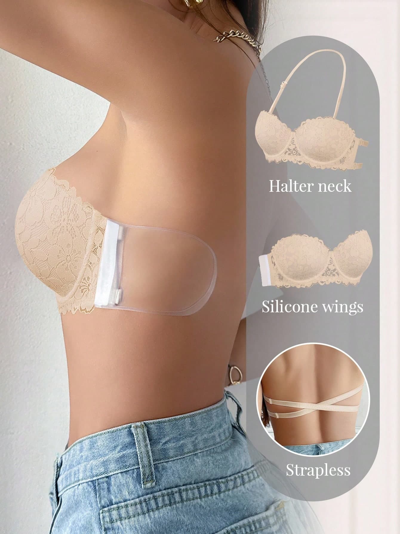 DesireSculpt 1pc Women Lace Plunging Backless Bra With Wire, Gather And Lift For Small Bust, Strapless And Adjustable Strap Design