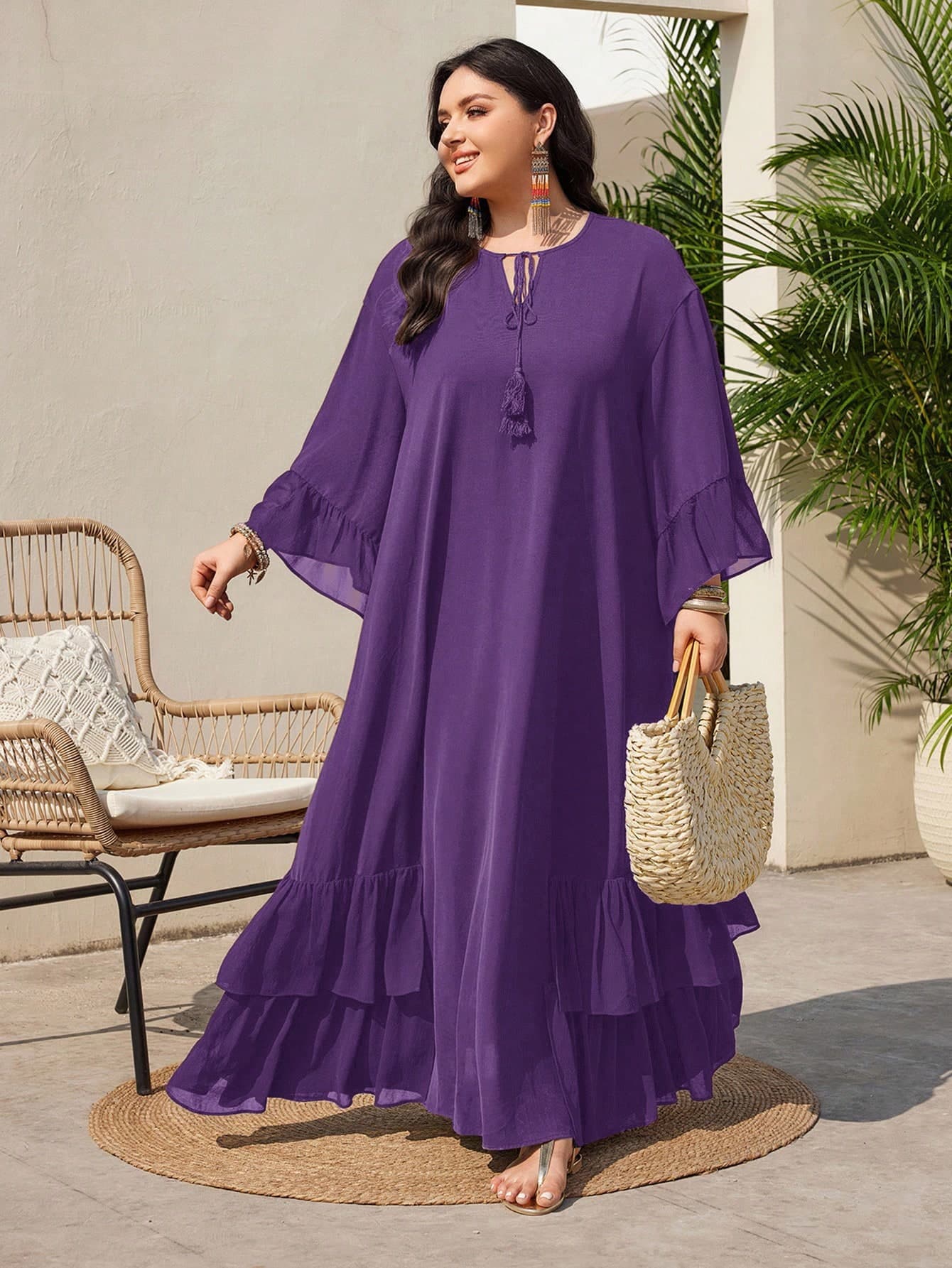 Mulvari Plus Size Women Holiday Solid Color Tassel Tie Neck Flare Sleeve Loose Dress