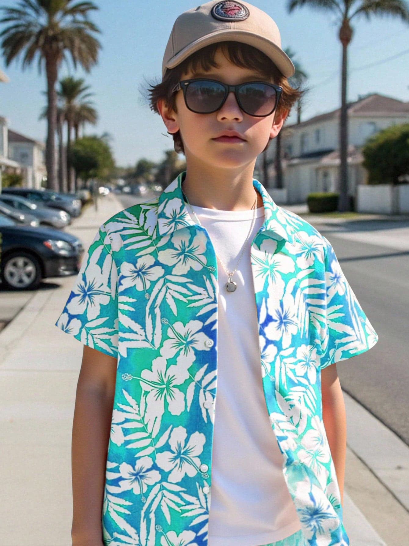 SHEIN Tween Boy Casual Patterned Print Short Sleeve Polo Shirt Boys Tropical Hawaiian Kids Teen Vacation Hibiscus