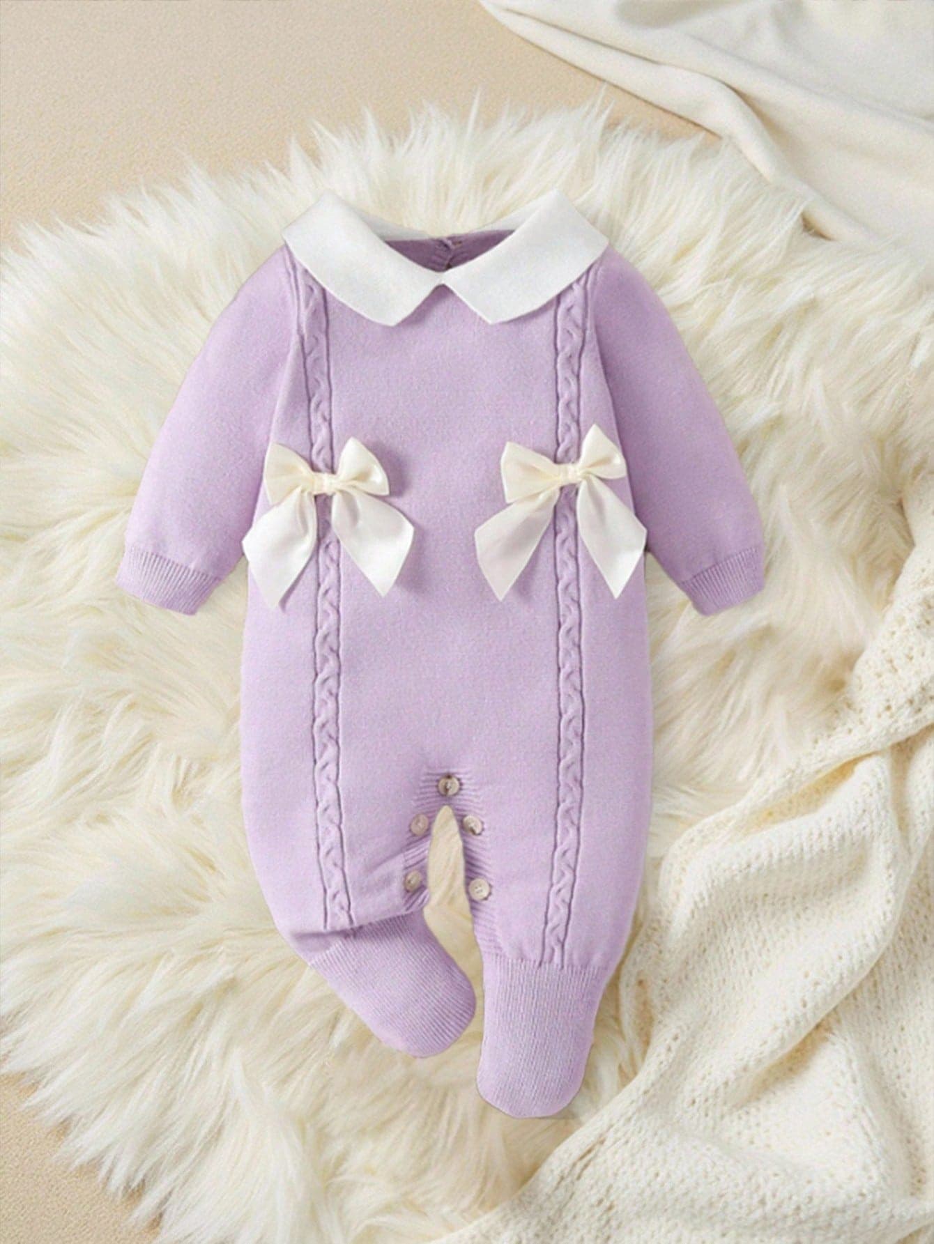 SHEIN Cute Baby Girls Knitted Jumpsuit,Long Sleeve Lavender Footie,Autumn Warm Comfortable Turtleneck Romper,Hand-Knit Bow Design Elegant Fashionable Outfit