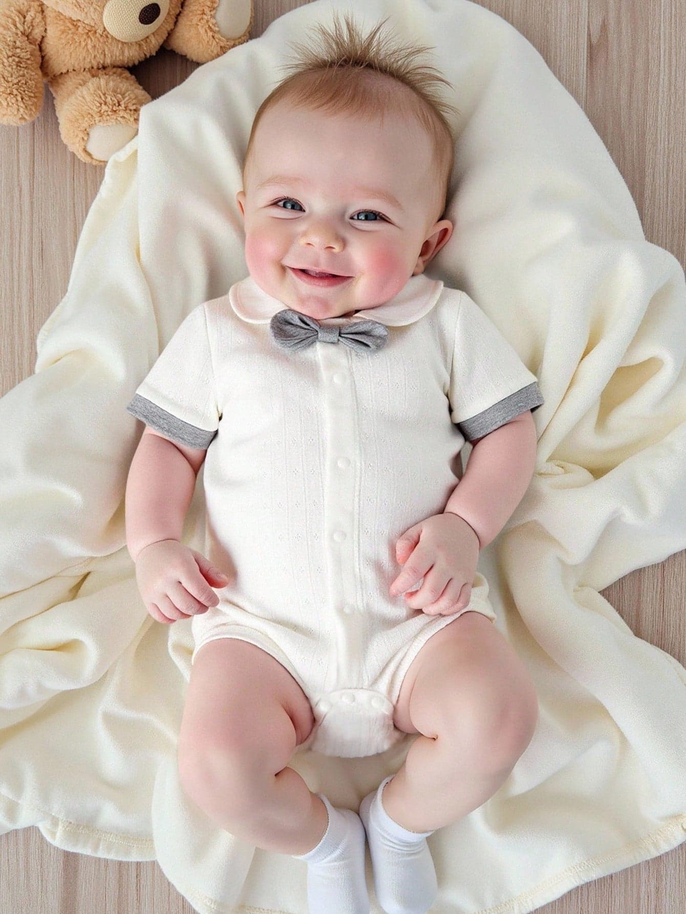 Souflis Souflis Off-White Newborn Baby Boy's Cute Gentleman Style Bodysuit Summer Outfit With Collar Bow Tie First Birthday 100 Days Celebration Jumpsuit 0-18M