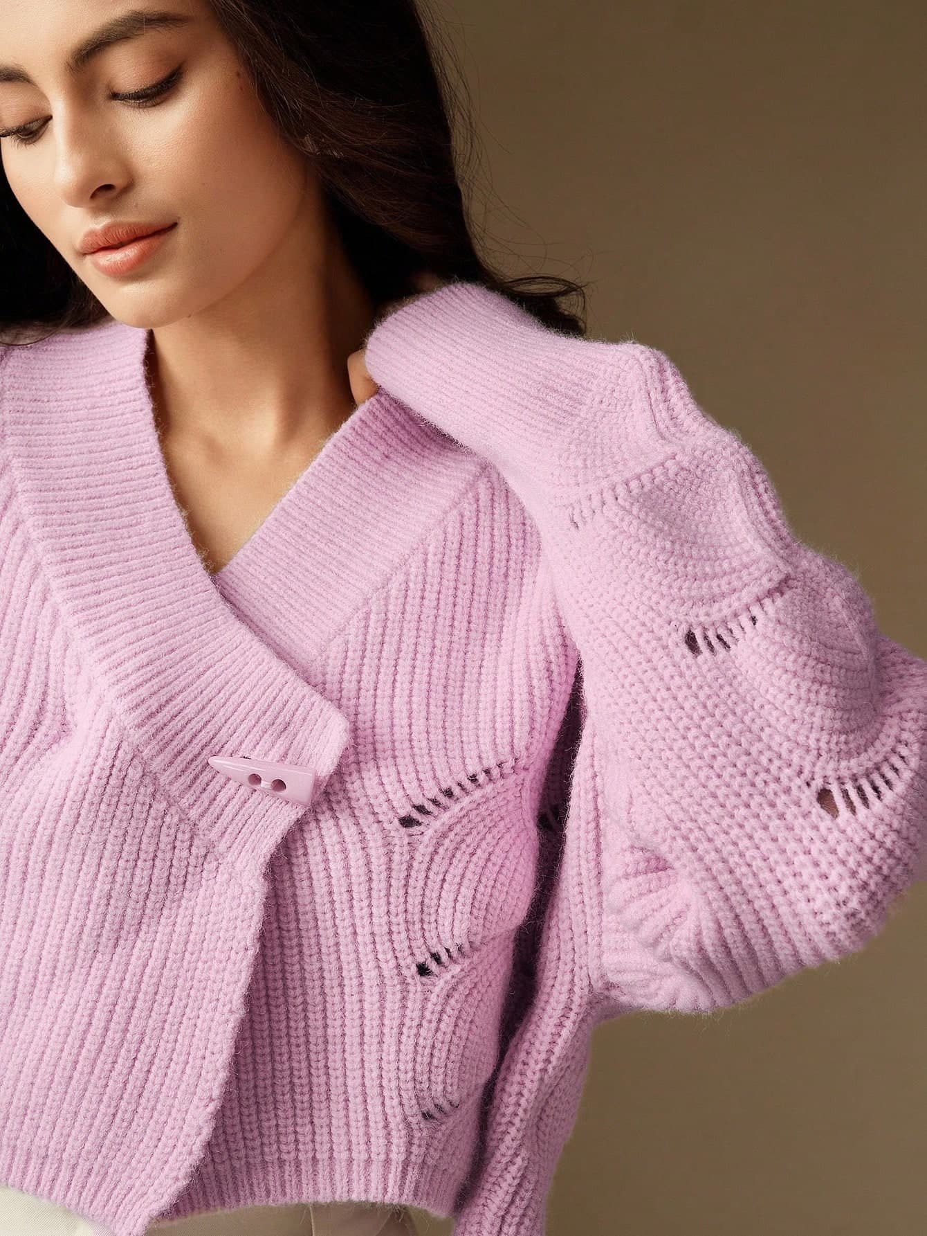 Anewsta Women's Solid Color Drop Shoulder Long Sleeve Hollow Design Loose Knit Cardigan, Suitable For Daily Wear, Autumn/Winter