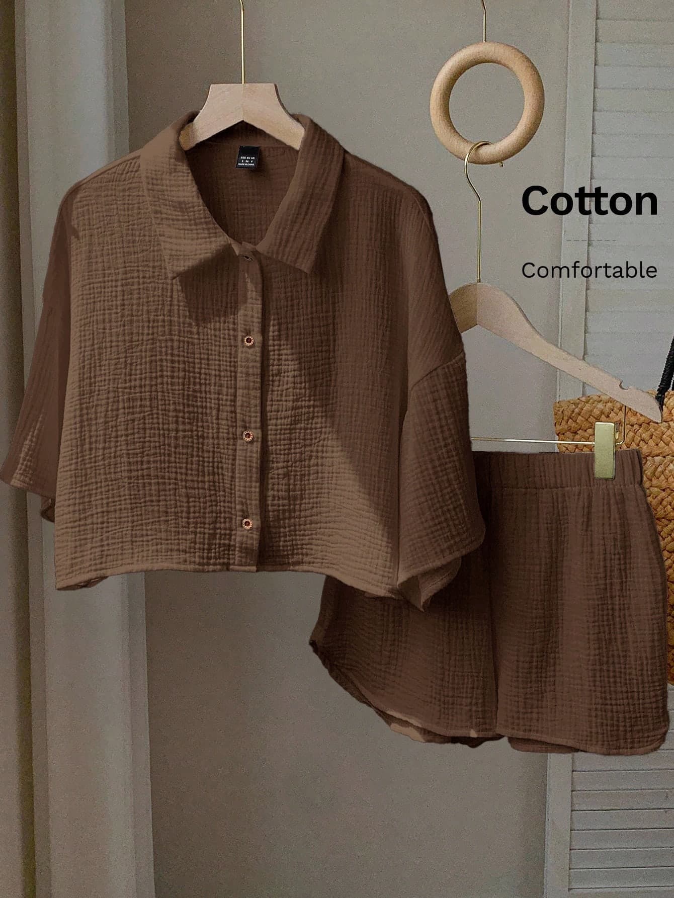 Comfortcana Casual Brown Woven Two-Piece Outfit With Collared Blouse And Shorts