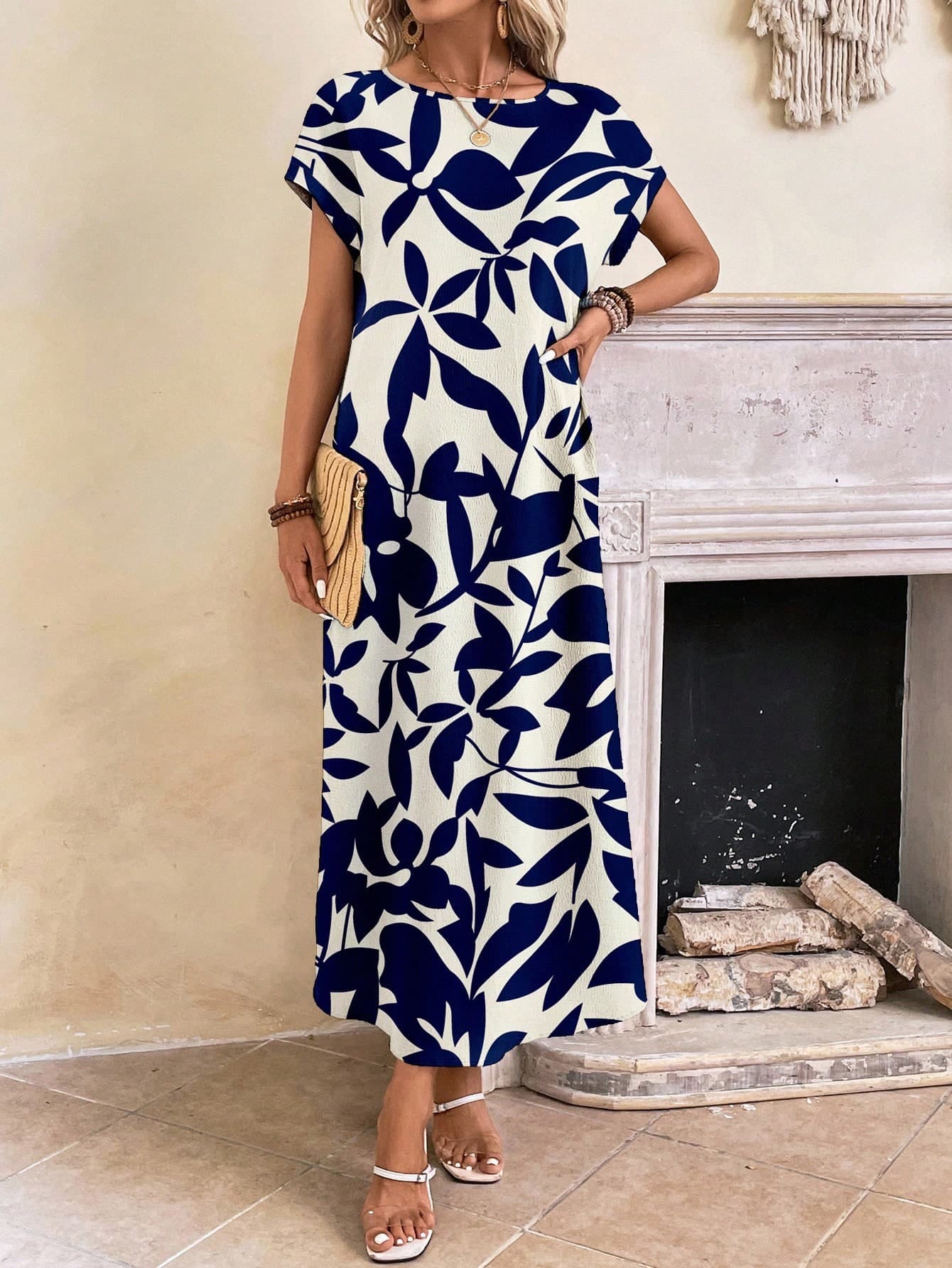 EMERY ROSE Women's Off-White Blue Geometric Floral Printed Maxi Dress,Short Sleeve Casual Chic Boho Summer Holiday Vacation Dress With Pockets & Versatile Style