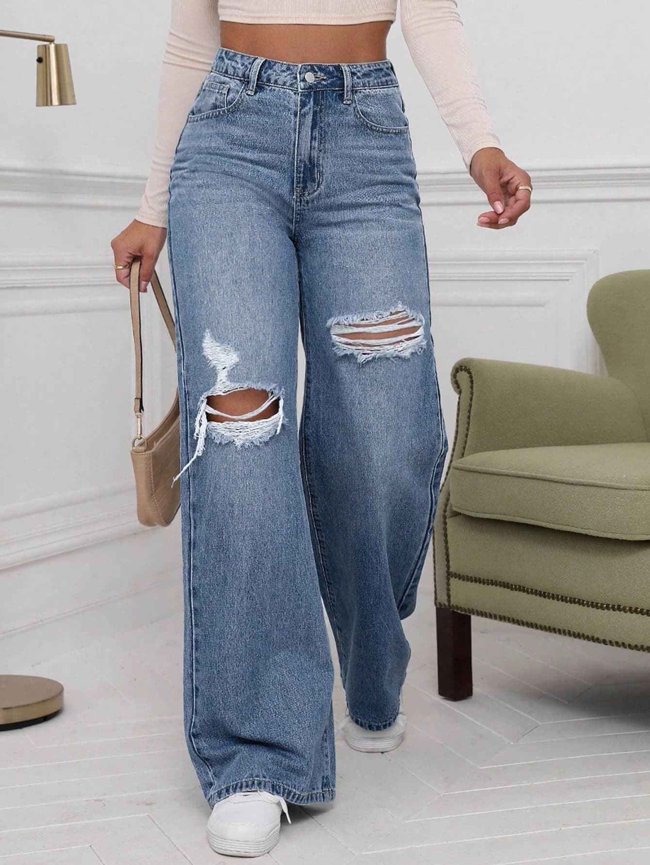 SHEIN ICON Washed Denim Blue High Waist Ripped Wide Leg Jeans