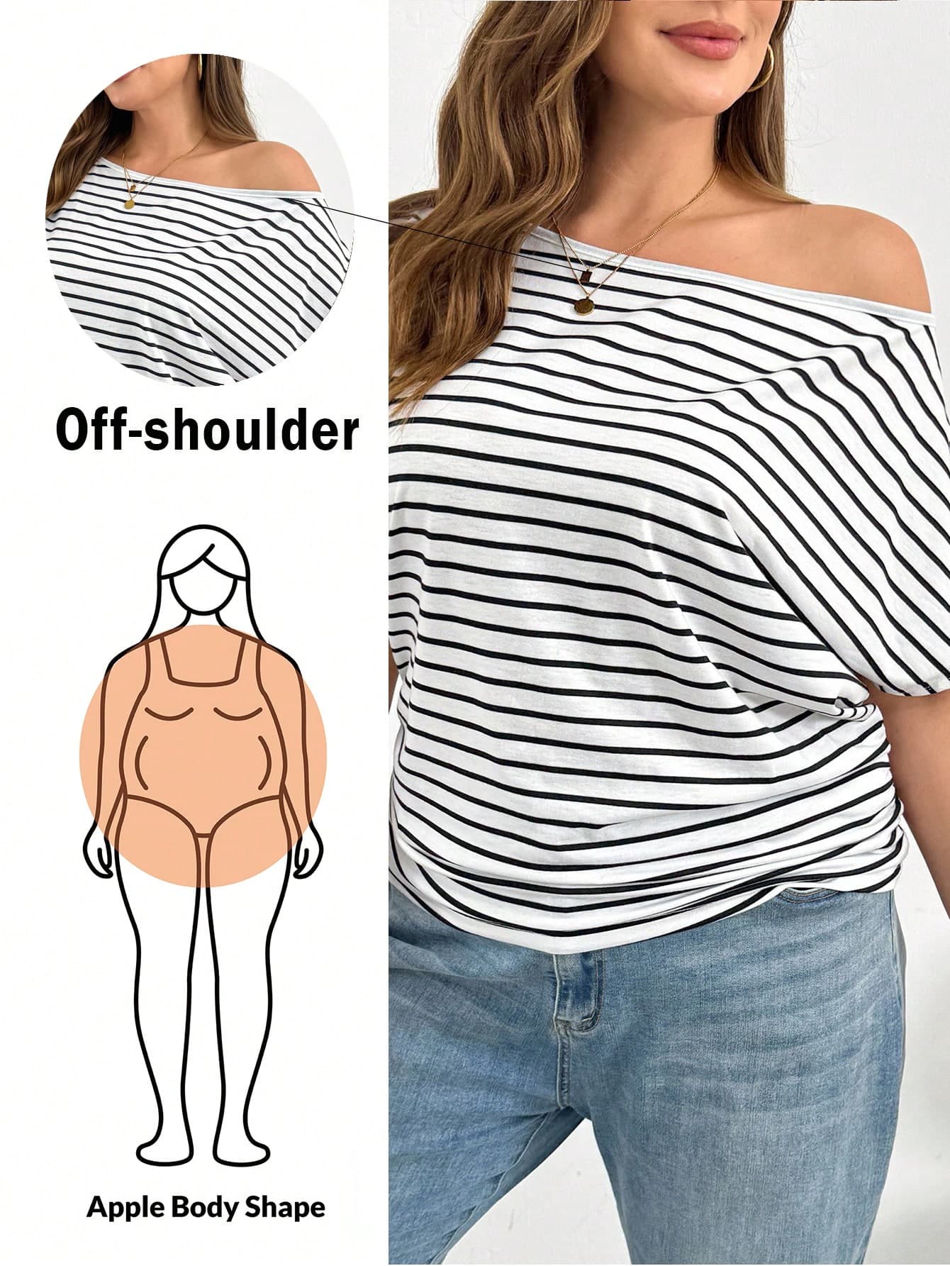 Shapeblank Plus Size Women's Black And White Striped Asymmetrical Neck Short-Sleeved T-Shirt,Elegant Summer Everyday Smart Casual Loose Tops,Cruise Work T-Shirt