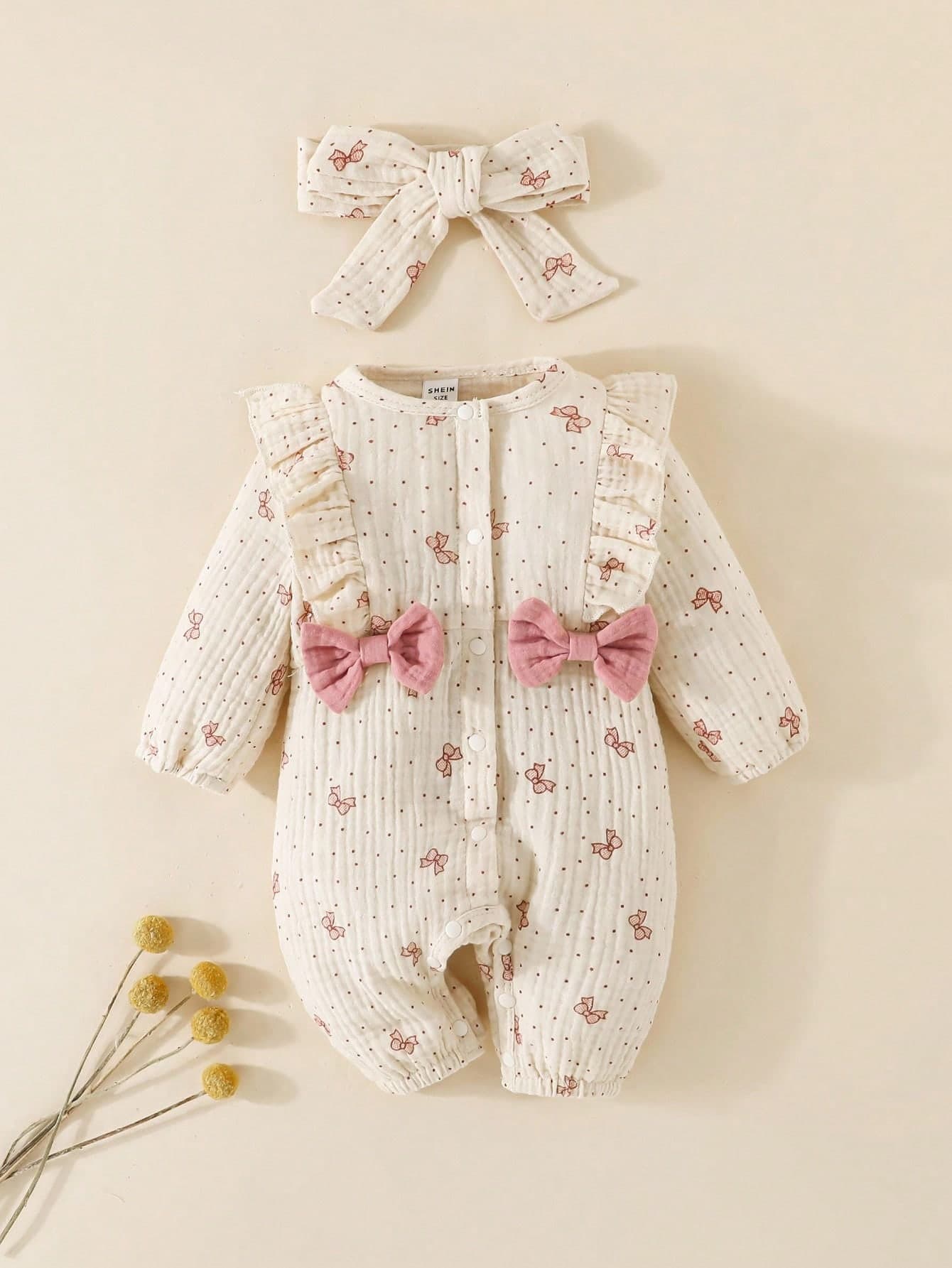 SHEIN Newborn Baby Girl Cute Bow Print Cotton Comfortable Princess Jumpsuit, Spring & Autumn Fall Winter